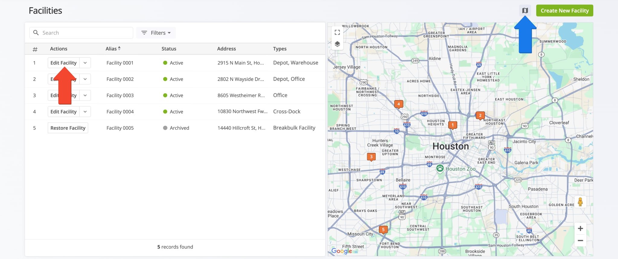 You can access and edit the same Facility details as when creating Facilities by clicking the Edit Facility button and open the Facilities Map by clicking the Map Button.