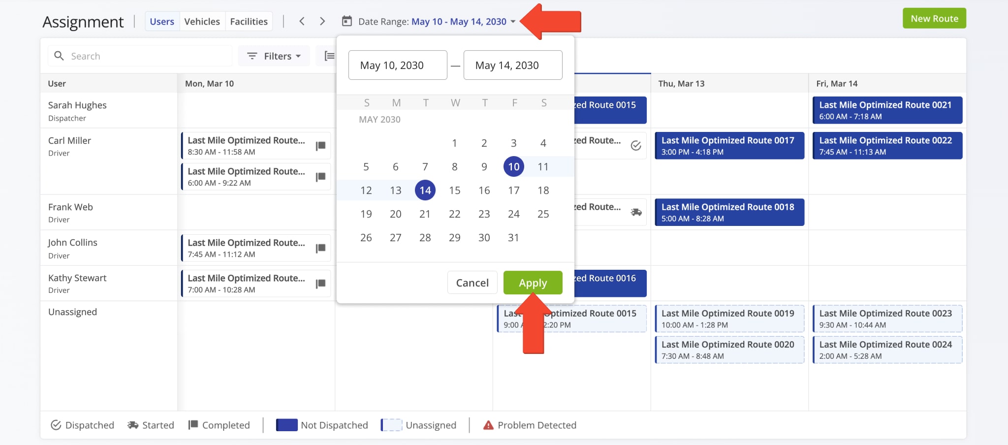 Finding the information relevant to your needs is easy with the Assignment Dashboard. Simply click the 'Date Range' button and select a time frame for scheduled routes.