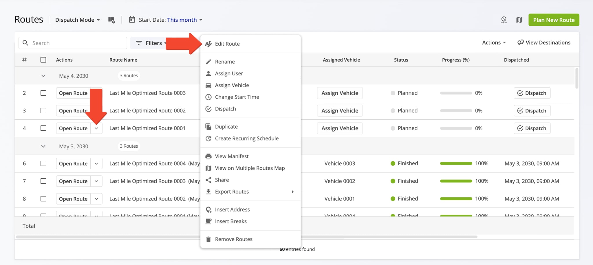 Opening planned last-mile routes in the Route Editor from Route4Me's Routes List and Routes Map.