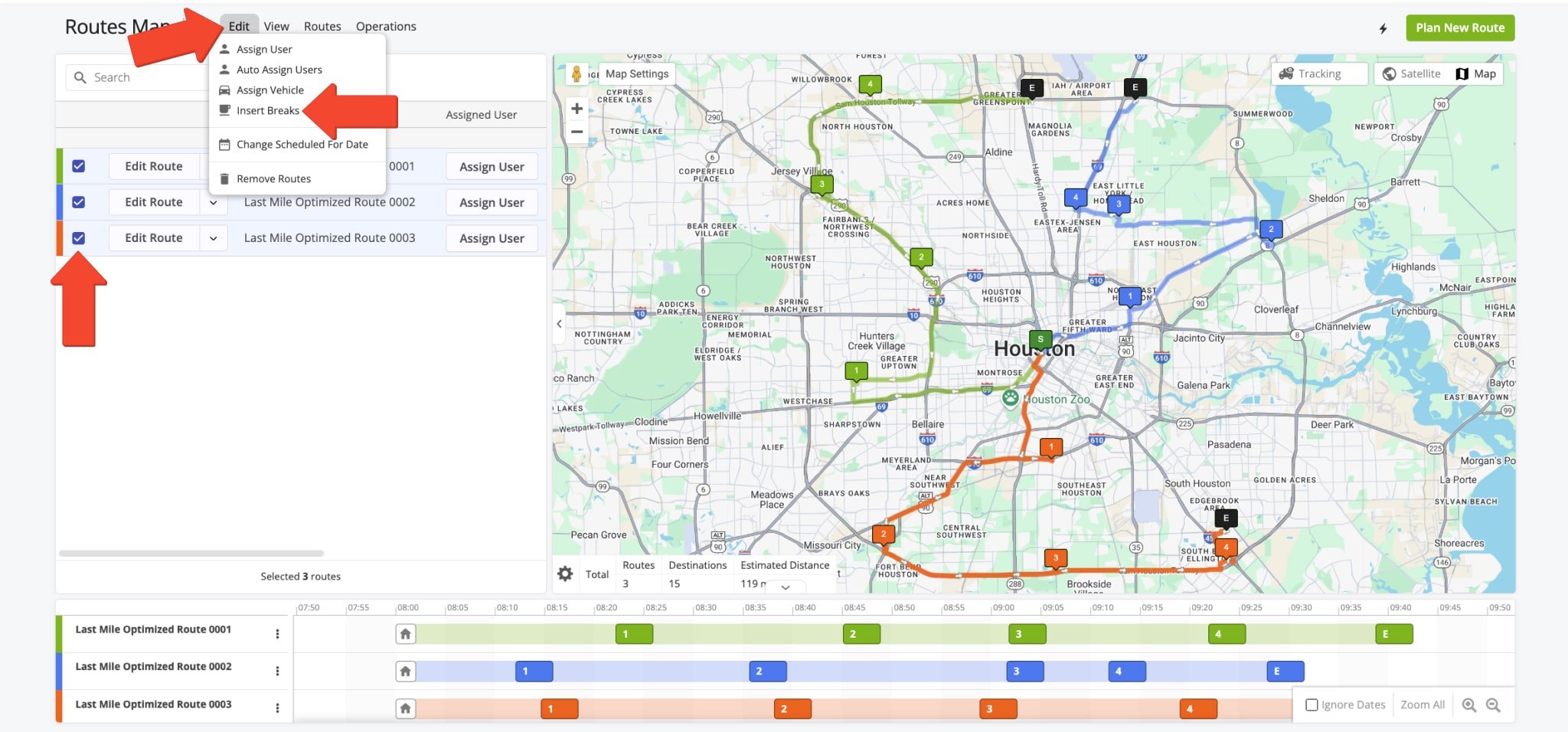 Insert Driver Breaks into planned and optimized routes on the Routes Map.