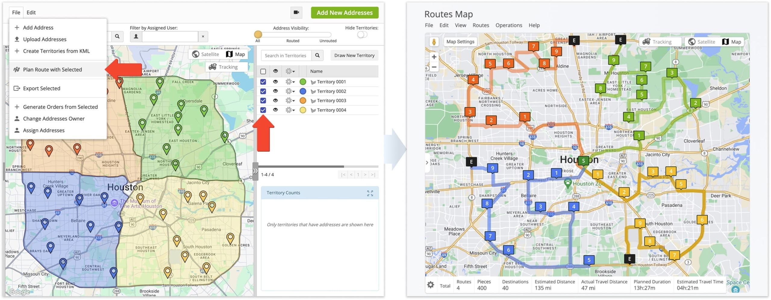 You can also select multiple Territories for route planning. Just check the boxes next to them in the Territory Panel, click 'File' in the top menu bar, and select 'Plan Route With Selected'.