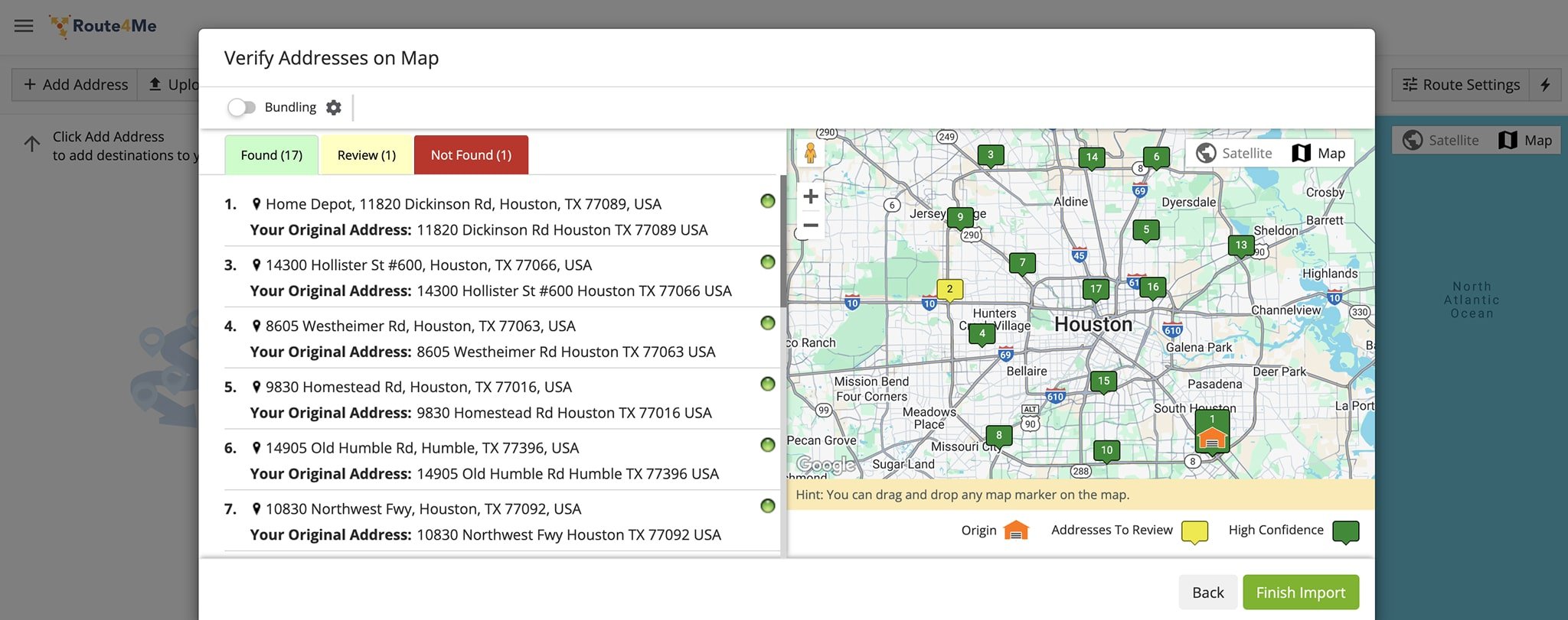 Review and modify geocoded addresses in Route4Me, with verified addresses in green and unverified ones in yellow for review and correction.