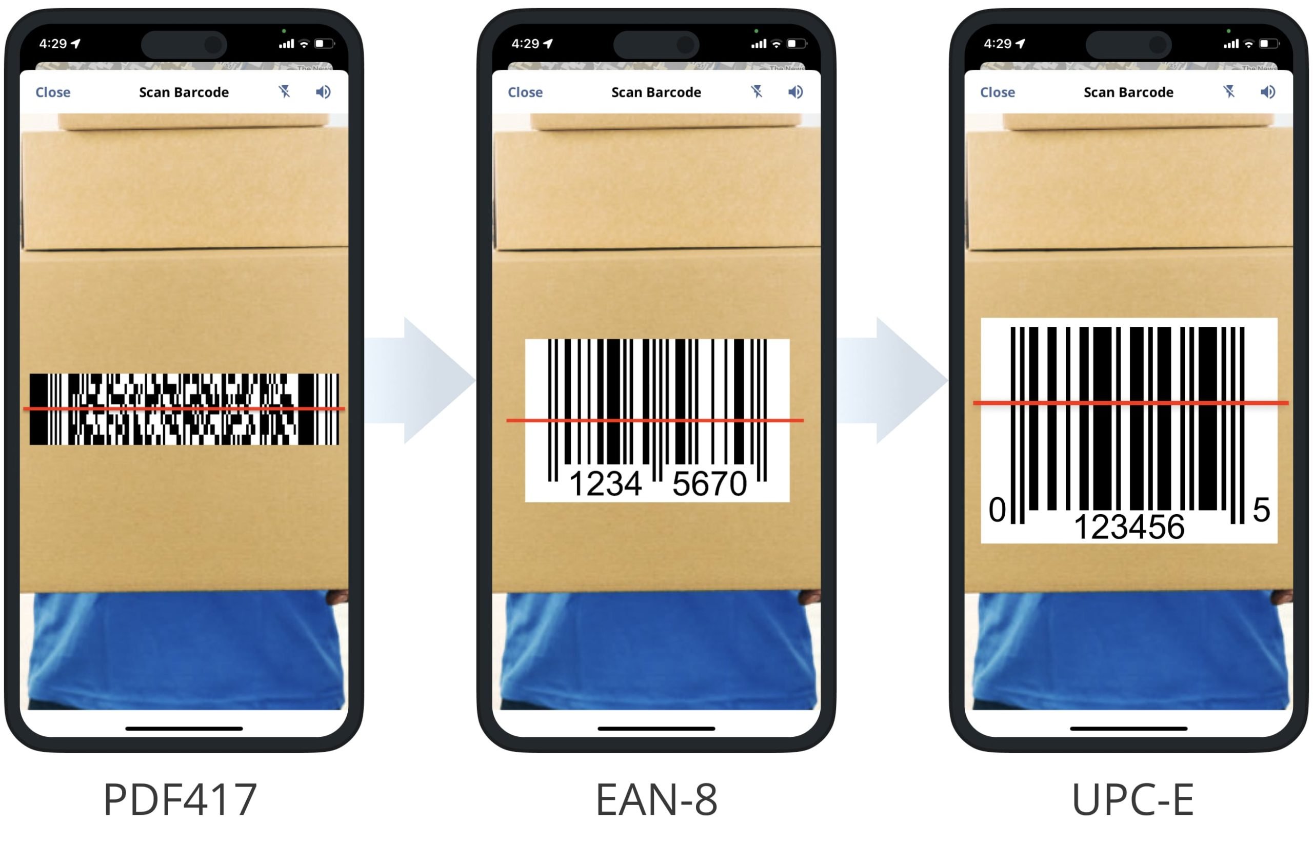 Scan PDF417, EAN-8, and UPC-E barcodes using Route4Me's iOS Mobile Route Planner in-app barcode scanner.