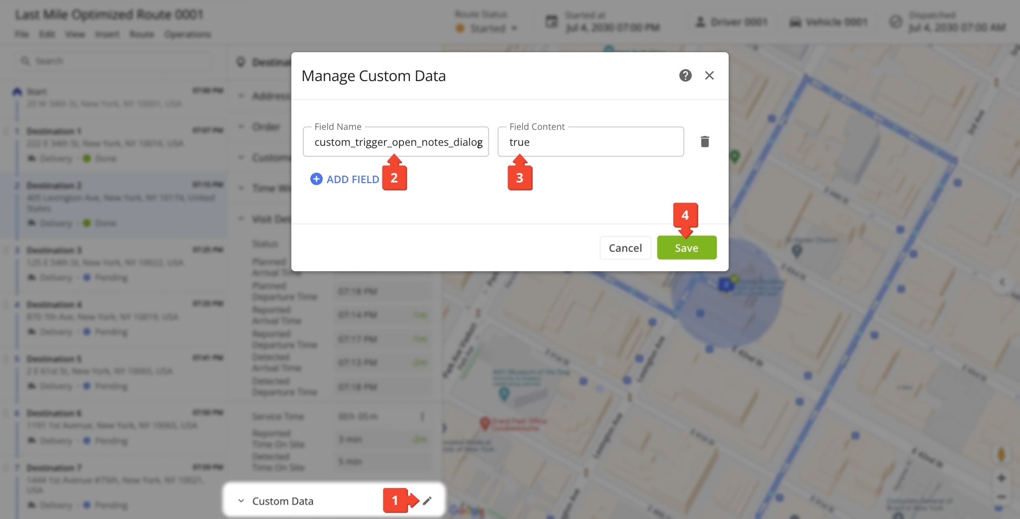 When a route is planned, you can still enable automatic driver geofence-triggered notifications to add notes by adding the corresponding value as custom data to each destination.