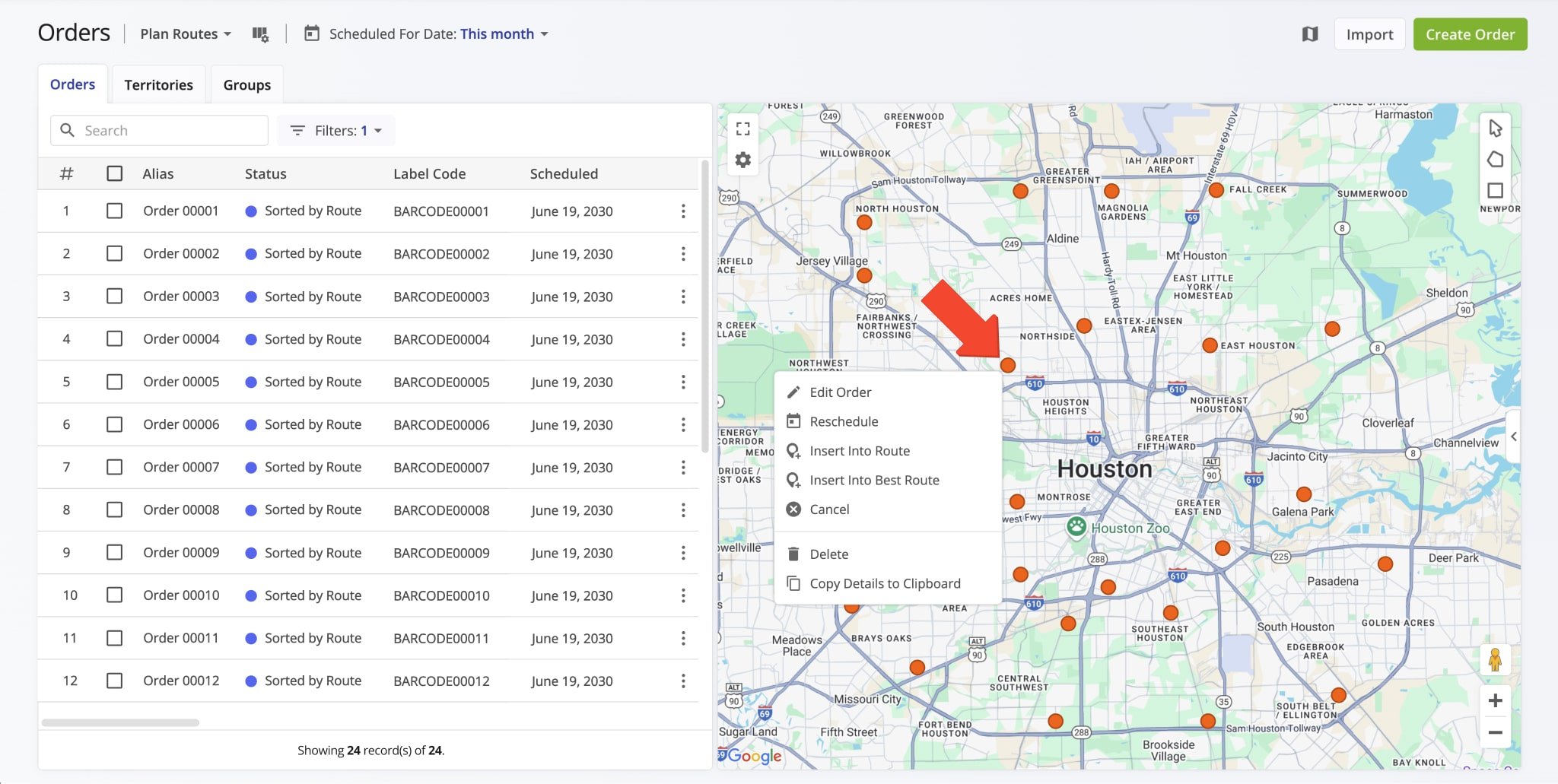 Right-click orders on the Orders Map to access order management options.