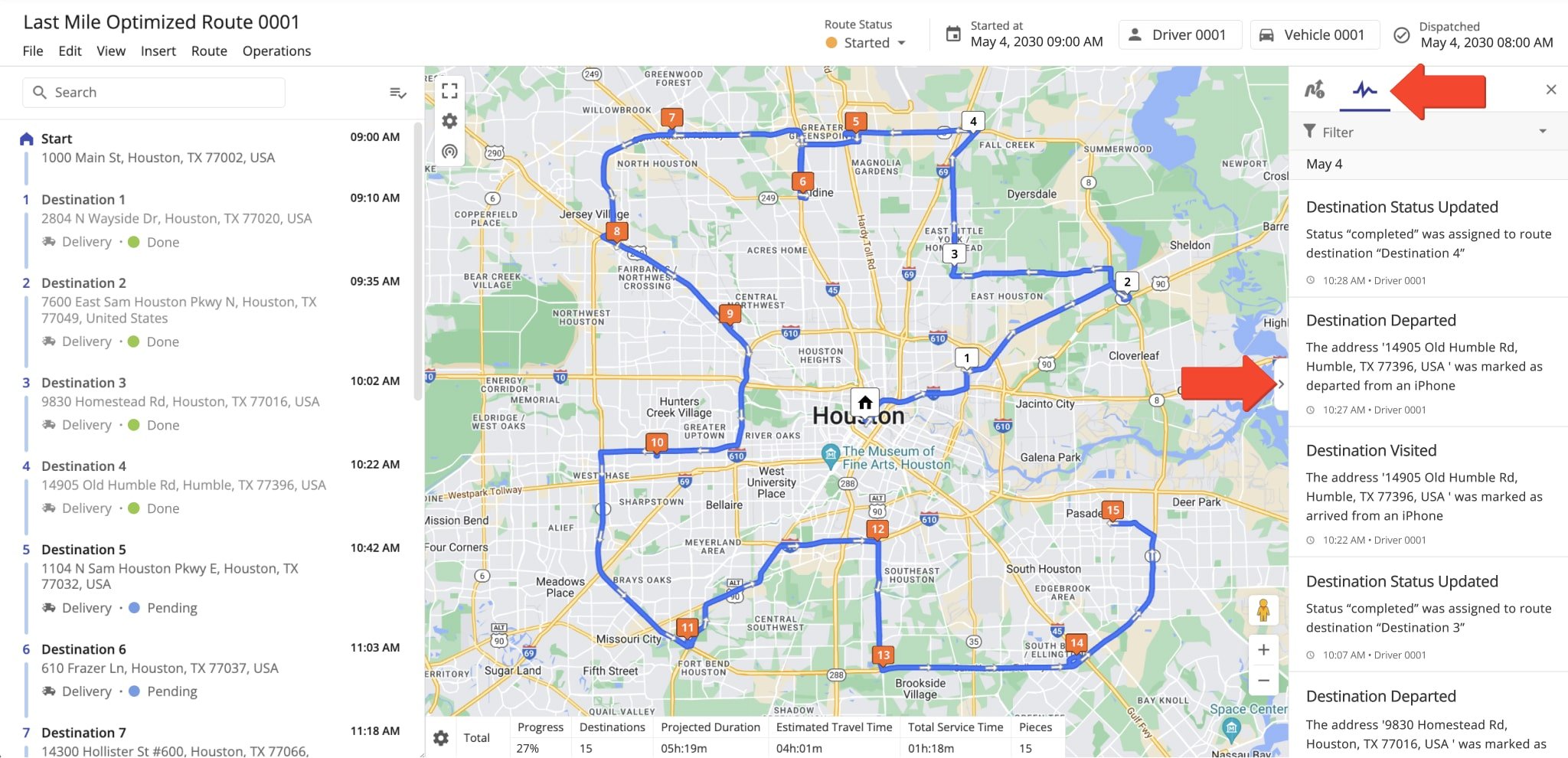 Activity Feed in Route Editor shows route events completed in real-time: added and removed stops, assigned driver and vehicle, attached proof of visit and delivery, added stop statuses, and more.