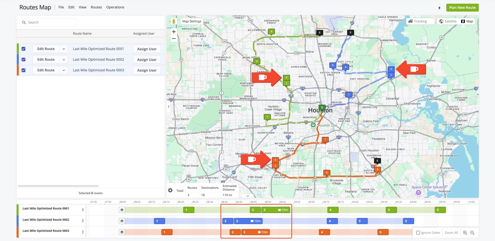 When the system optimizes multiple routes with Driver Breaks, they are automatically opened on Route4Me's Routes Map.