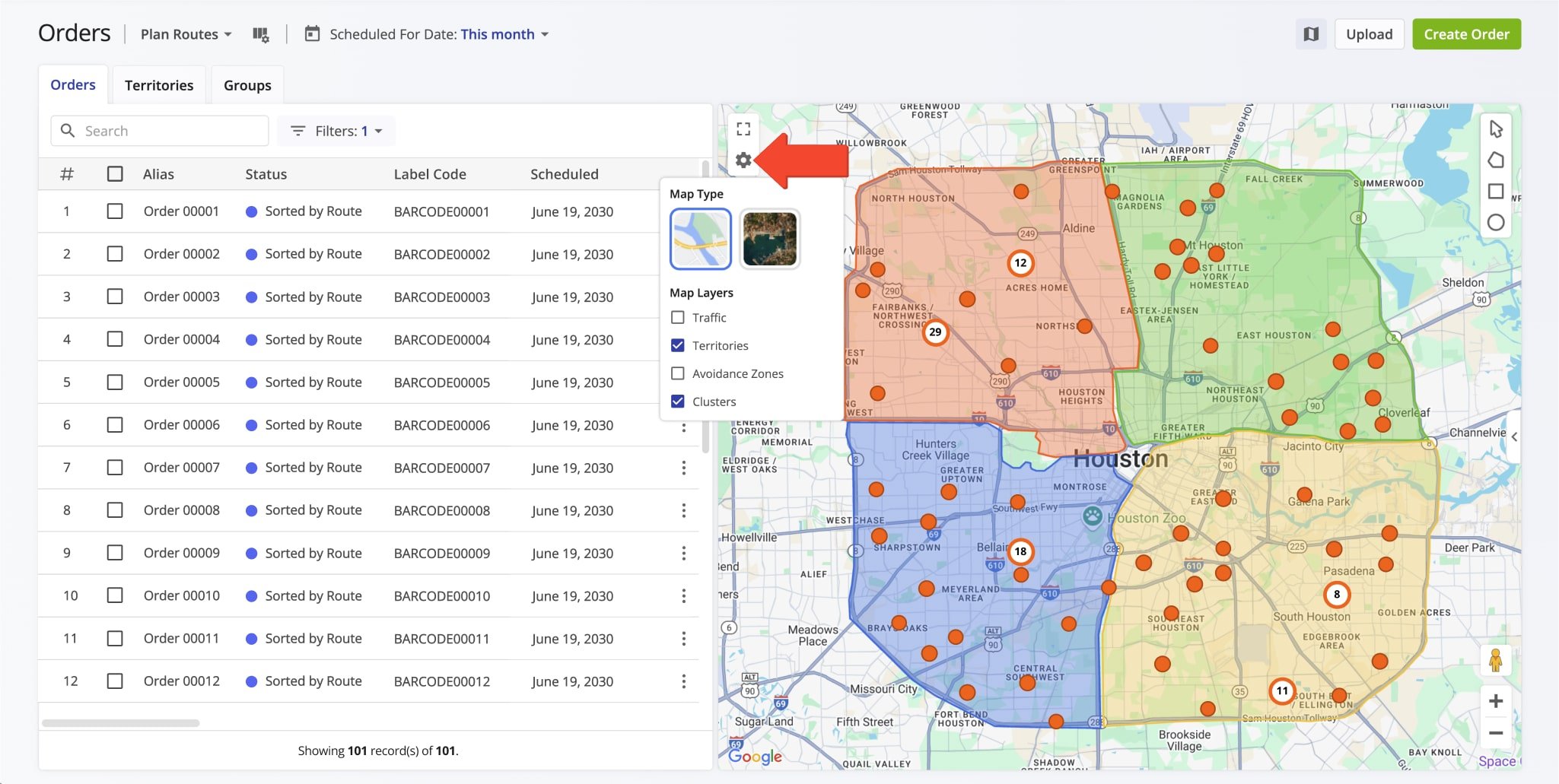 Adjust Orders Map settings, map view modes, and map layers such as traffic, territories, Avoidance Zones and Order Clusters.