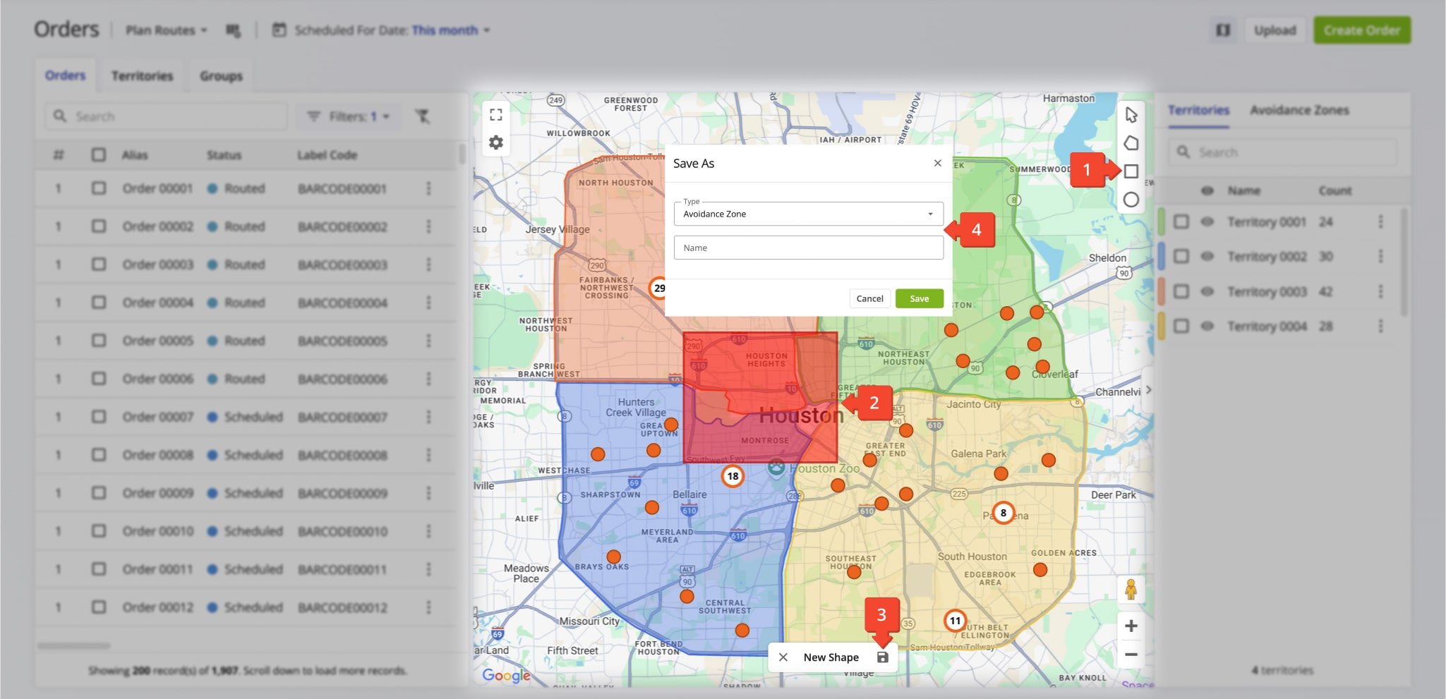 Create routing Avoidance Zones by drawing new shapes on the Orders Map.