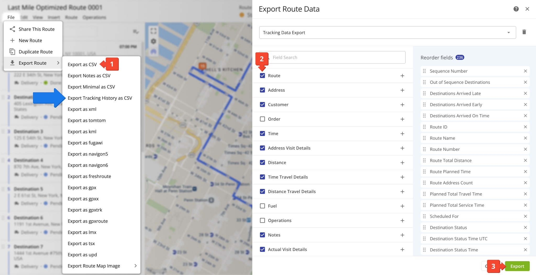 Export a spreadsheet file with GPS tracking data and location history from the Web Platform.