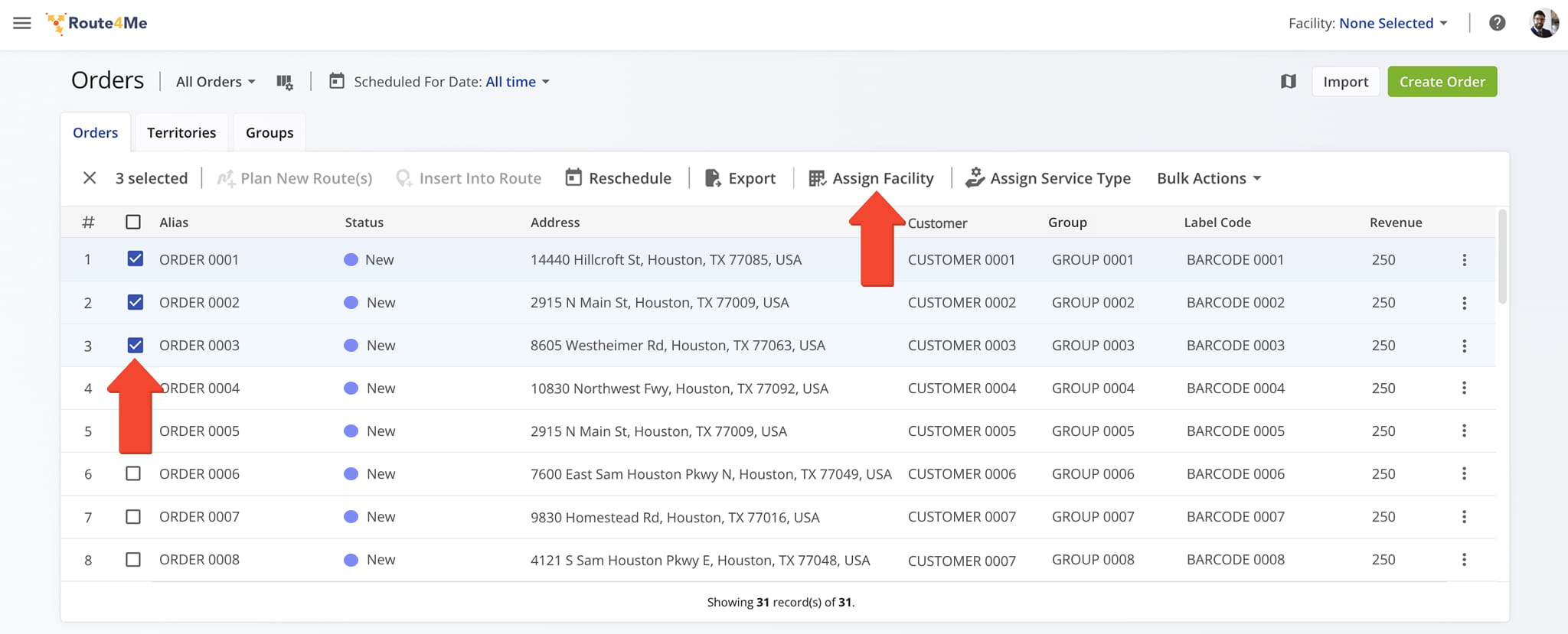 Assign a facility to multiple orders at once.