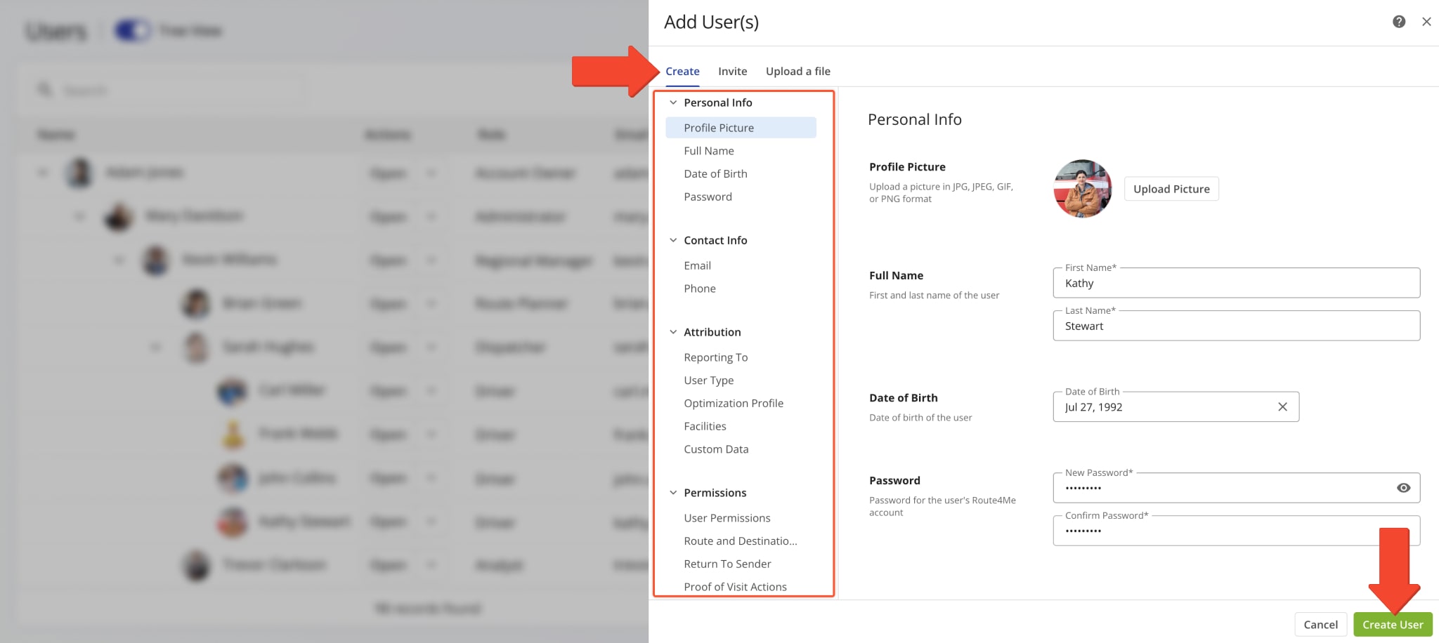 Fill out a user's information and personal details and click Create User to add a new user profile to your last mile team.