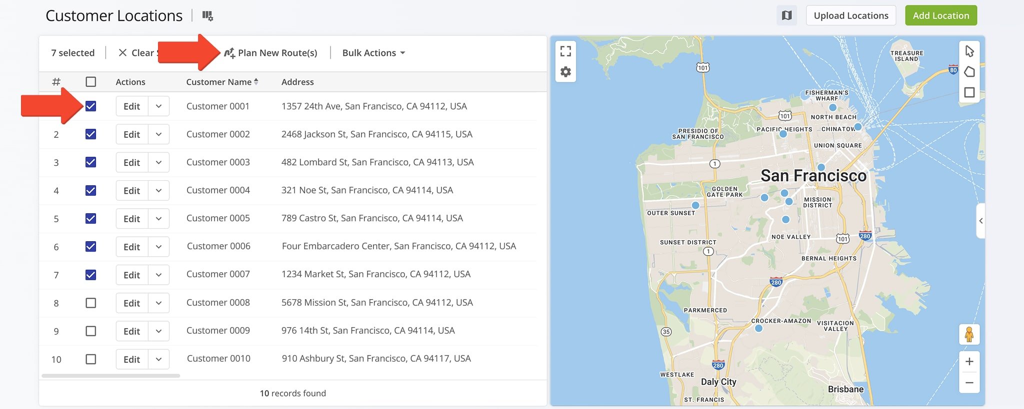 Select customer addresses and click 'Plan New Route(s)' to open the Route Planner and optimize your route.