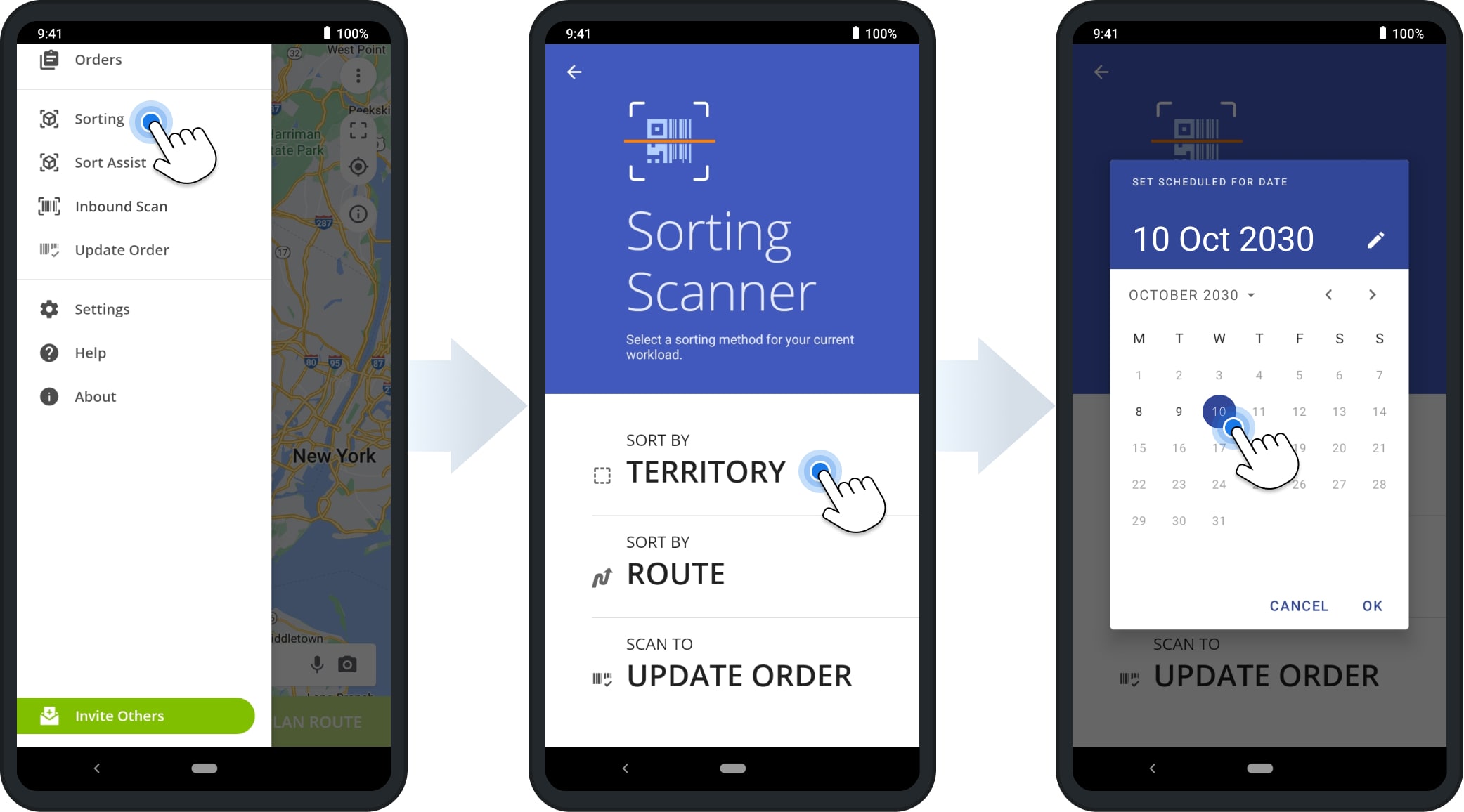 Sorting orders by territory and scheduling orders using Route4Me's Sorter Tool and Bluetooth scanner.