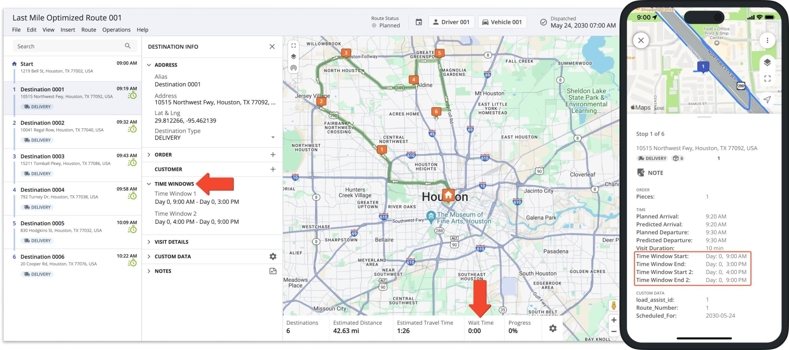 Planned route with Flexible Start Time starts at the most optimal time based on the Time Windows on route stops.