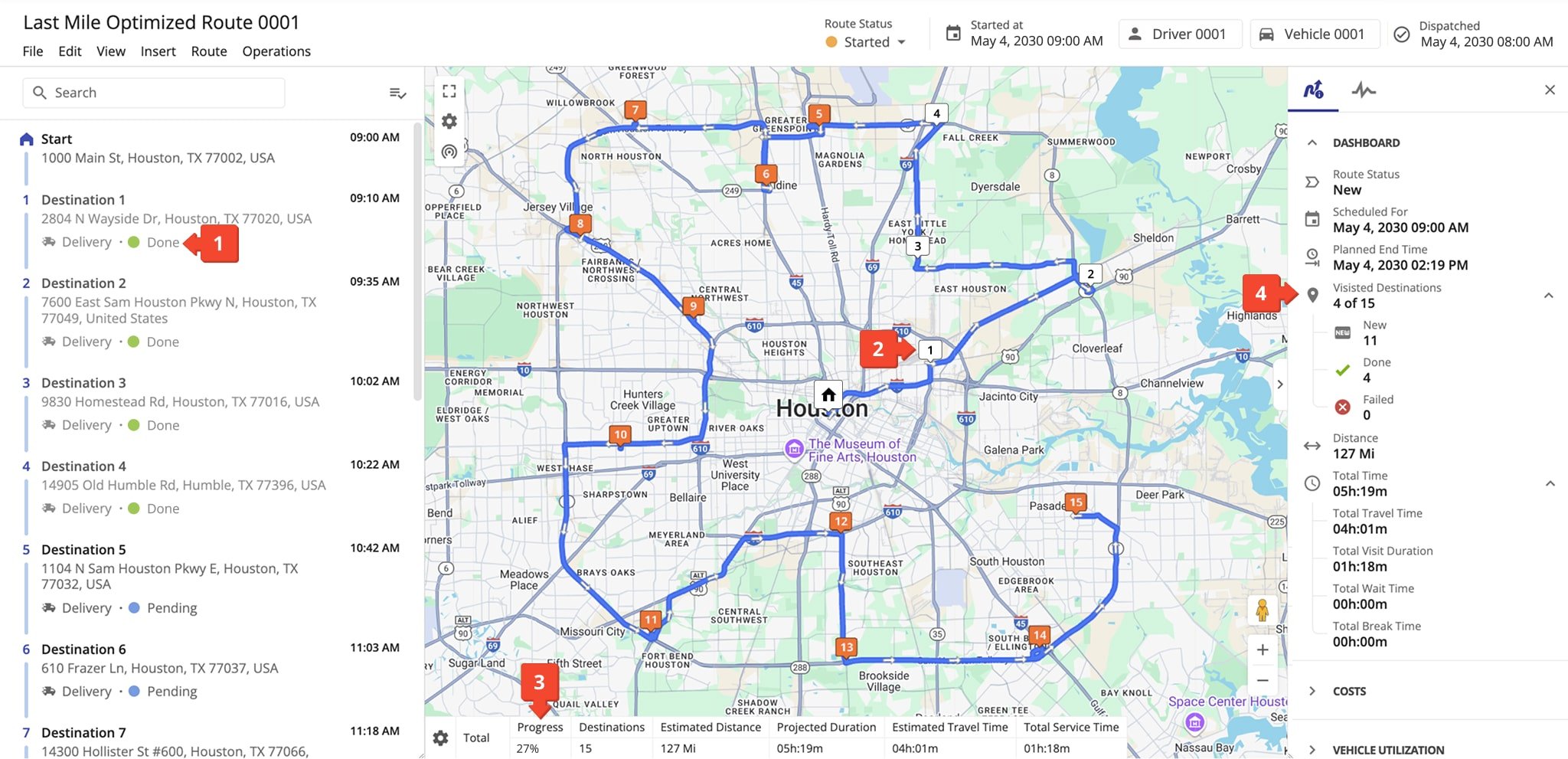 Real-Time route progress tracking in Route Editor: route and stop statuses, stop ETAs and visited timestamps, time on site, planned with completed, and more.