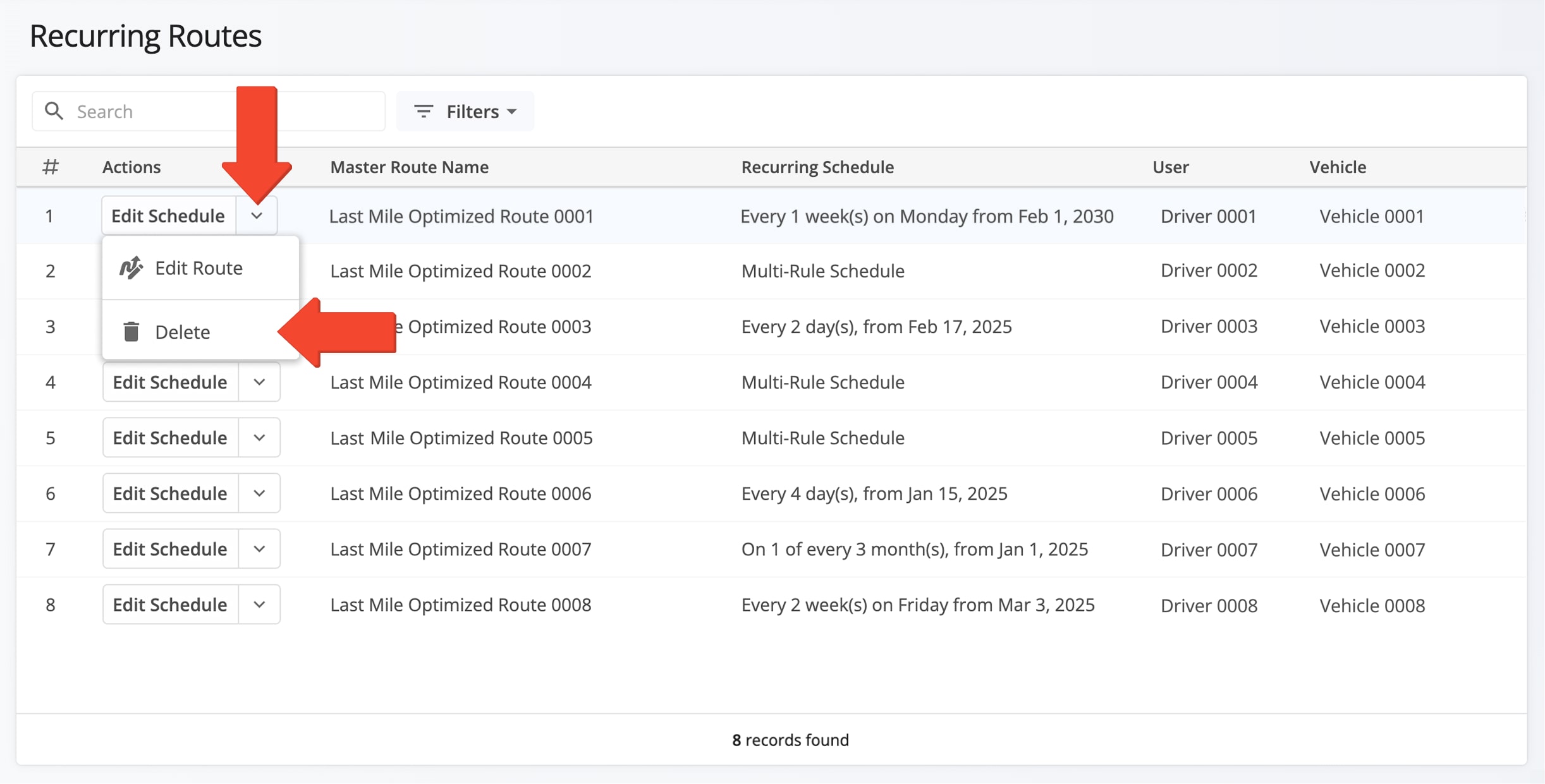 When deleting a Master Route, any already created Recurring Routes will remain as is.