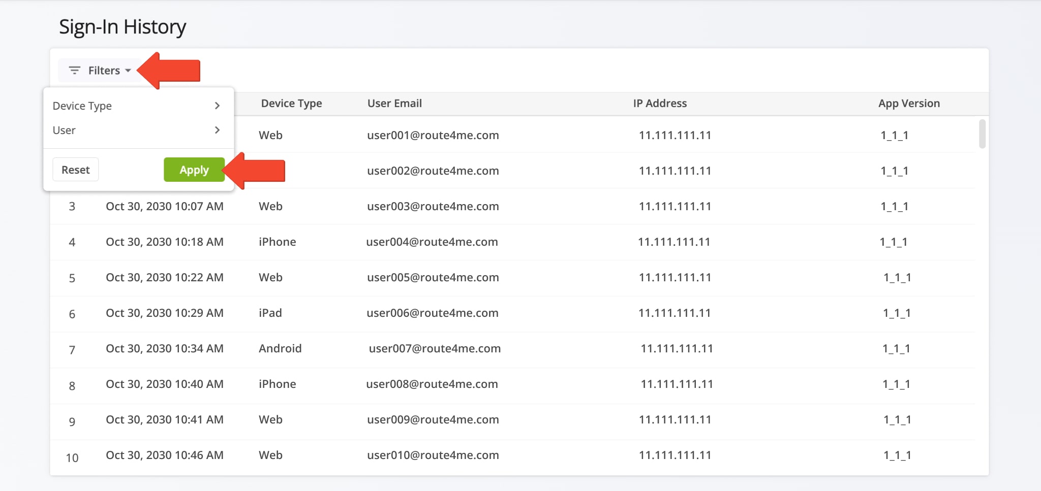 Filter the Sign-In History Page to show only those sign-in records relevant to your needs.