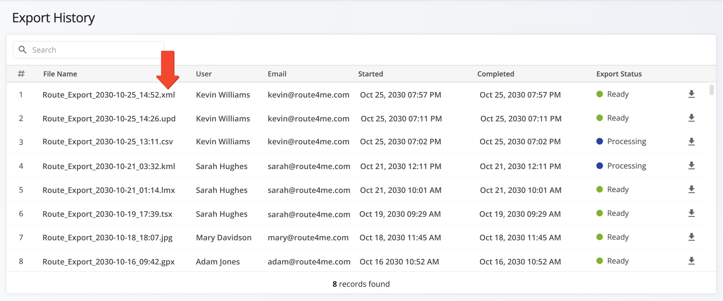 The exported route file will display in your Export History with its associated file format extension.