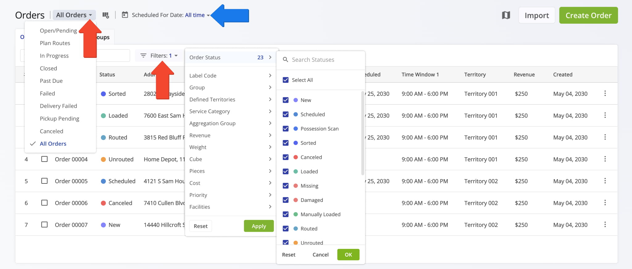 Orders List View Modes group order statuses by their purpose and application.