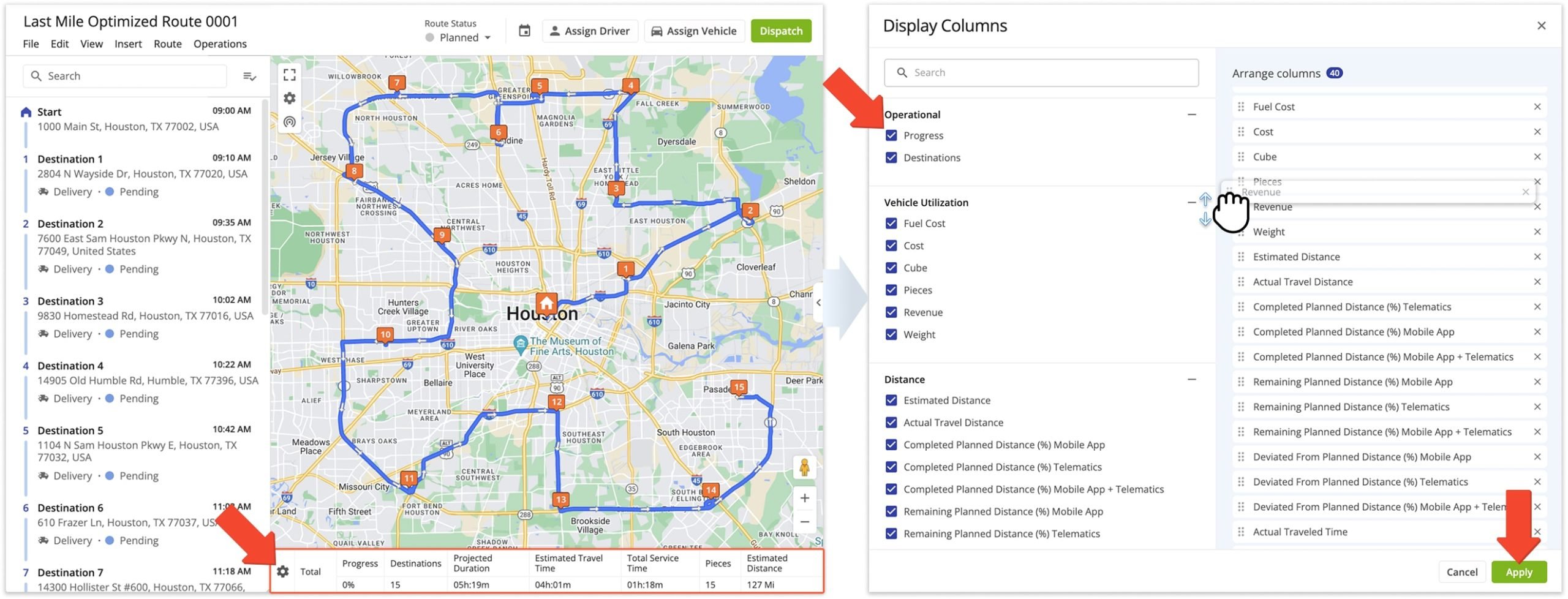 The Summary Table along the bottom of the Route Editor Map is customizable aggregate route data table. Here, you can easily see the most relevant route metrics for your use case.