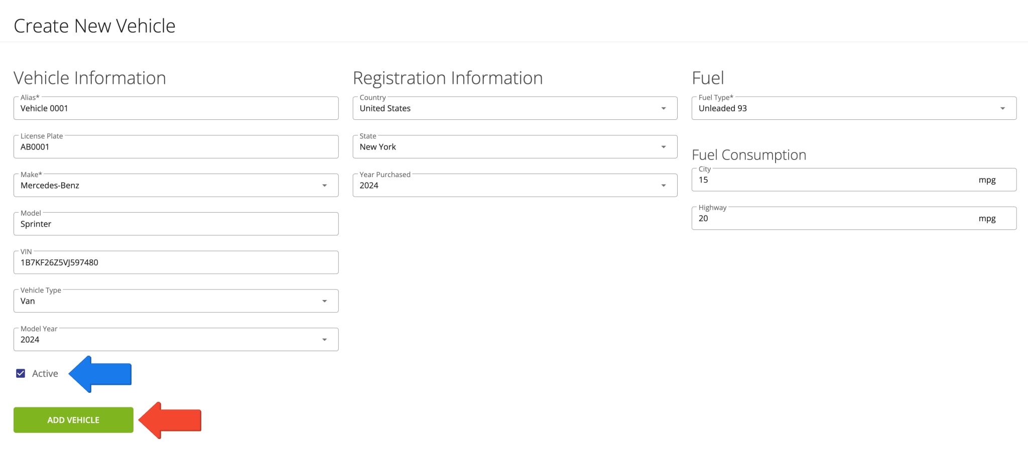 Add vehicle parameters, vehicle type, fuel details, license plate, registration details, etc.