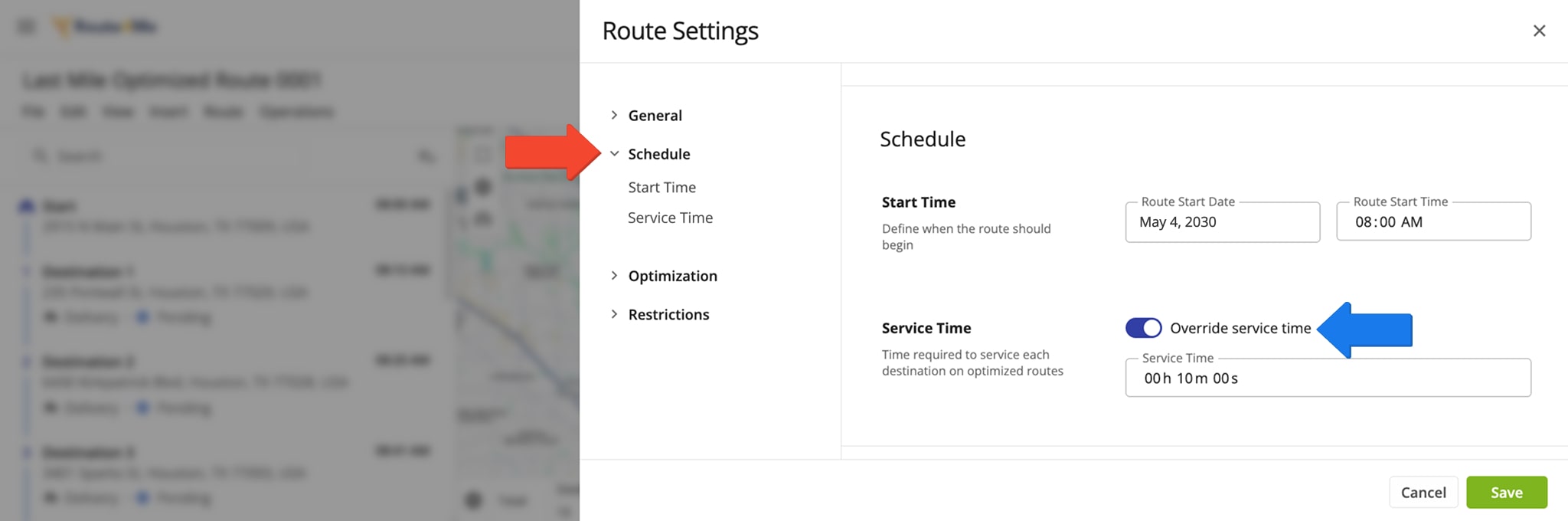 The 'Schedule' section is where you can adjust a route's scheduled start date, start time, and Service Time settings.