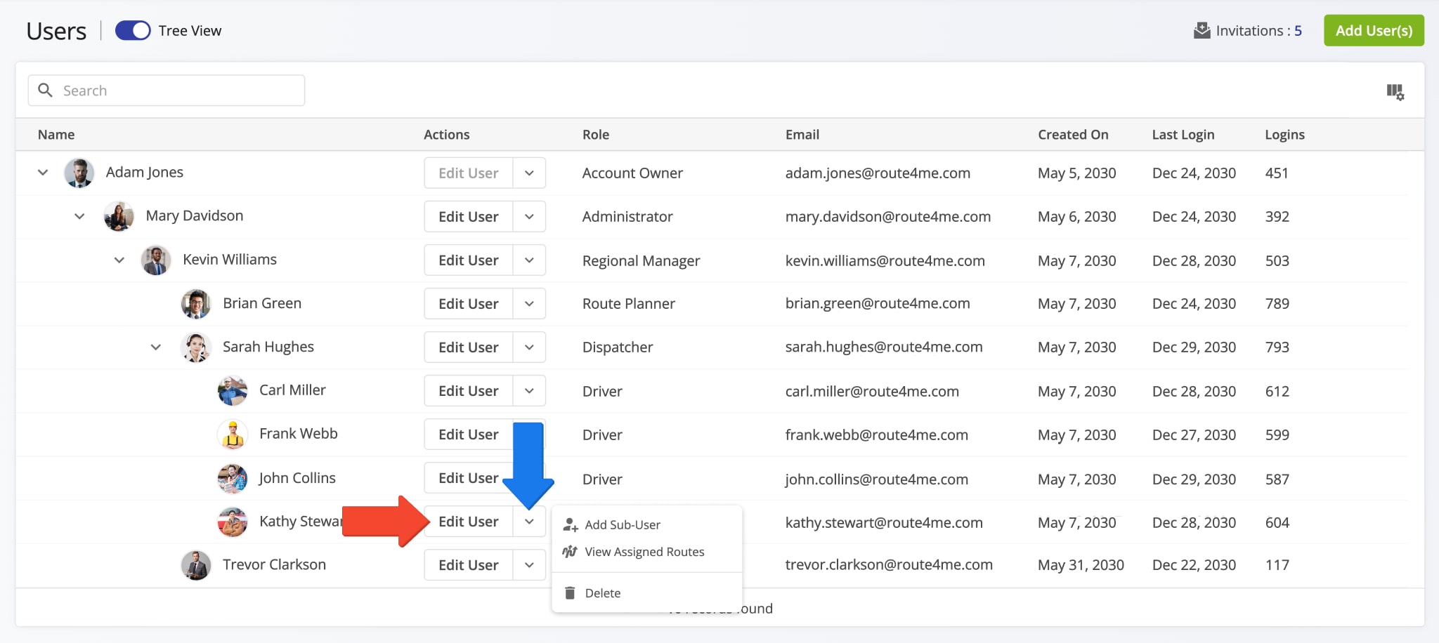 Edit accounts and profiles of drivers, route planners, dispatchers, and other team members.