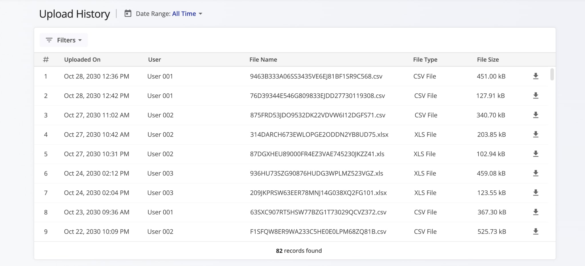 The upload history page shows all files uploaded to your main Route4Me account.