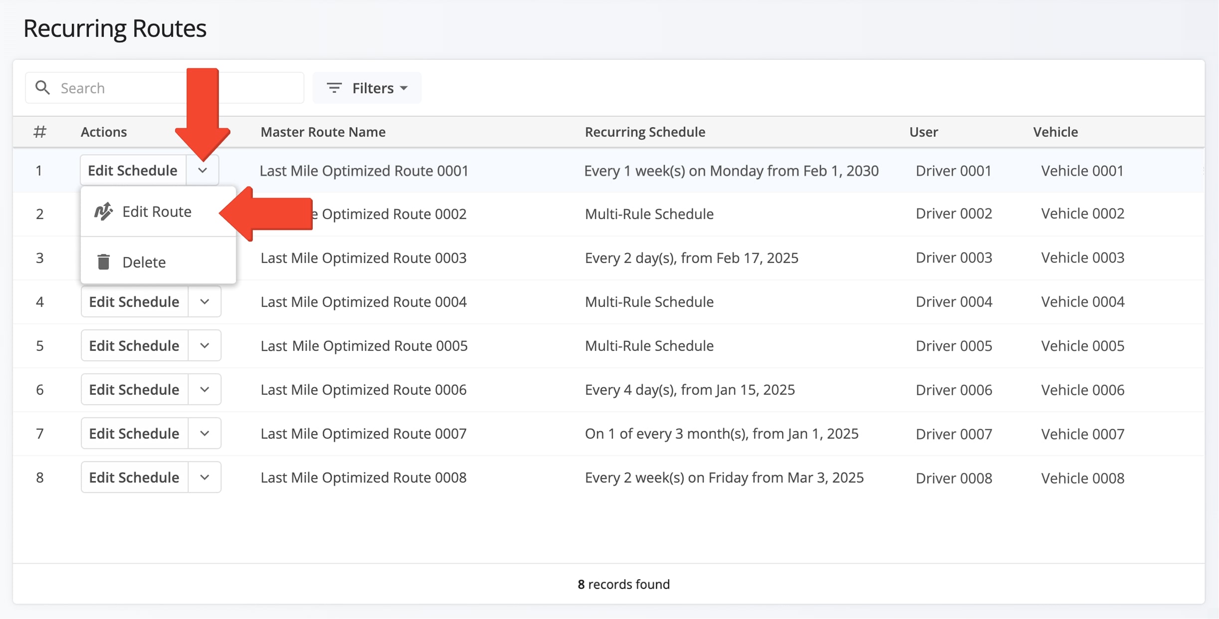 View and manage all Recurring Schedules on the Recurring Routes page. 