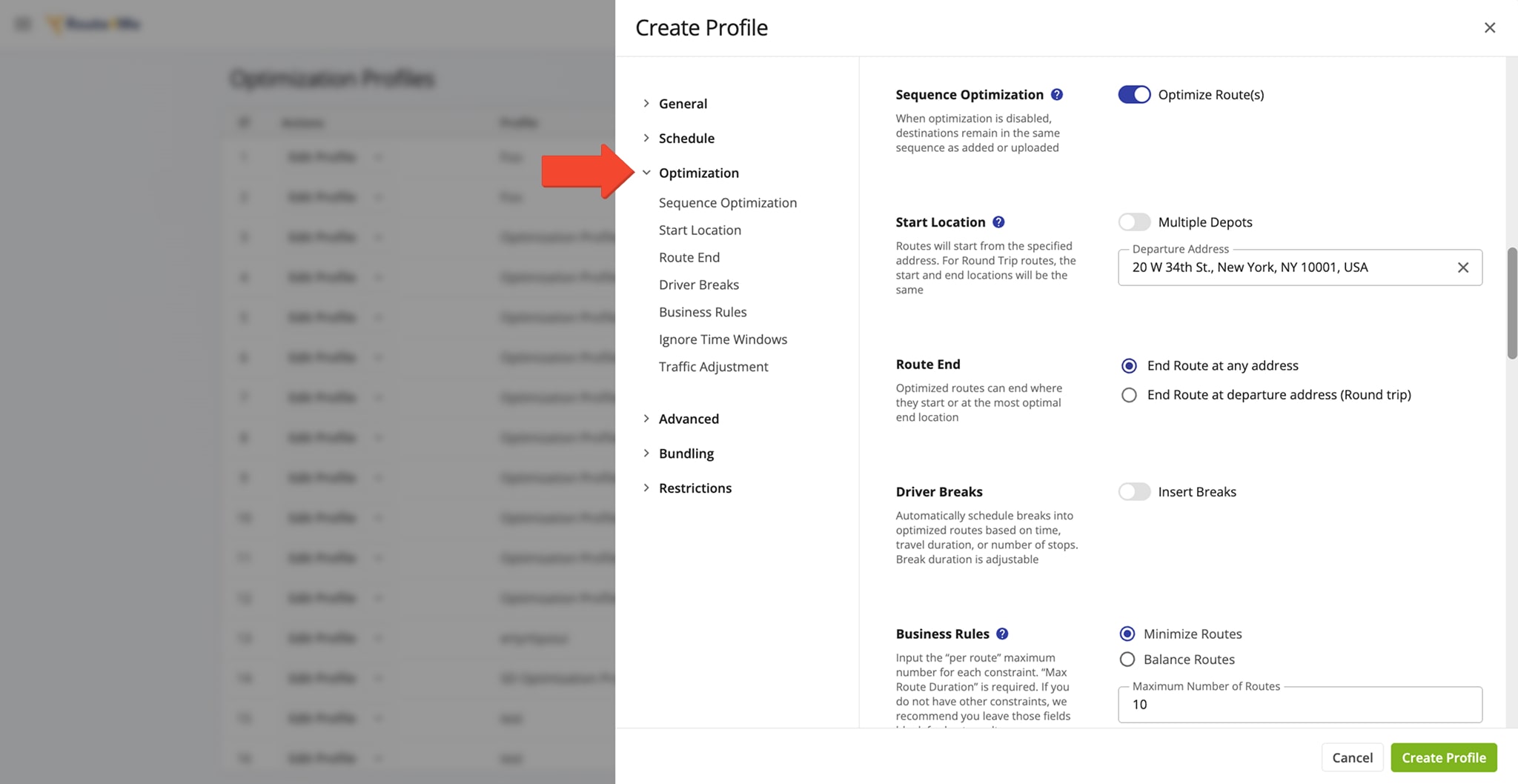 Add route optimization profile settings, route end option, stops distribution, business rules and optimization constraints, etc.