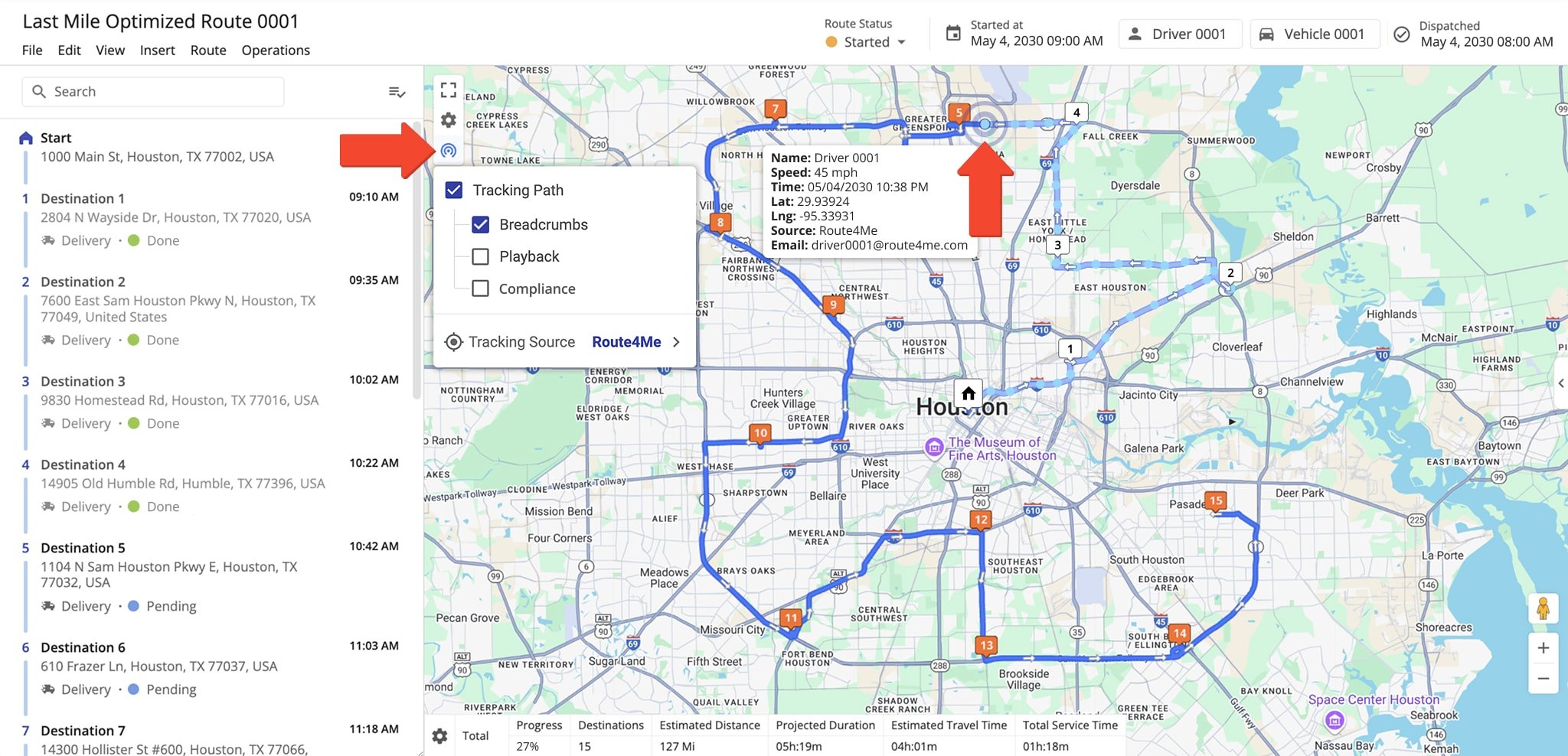 Tracking the driver and GPS telematics vehicle assigned to the route in real-time on the Interactive Map in the Route Editor.