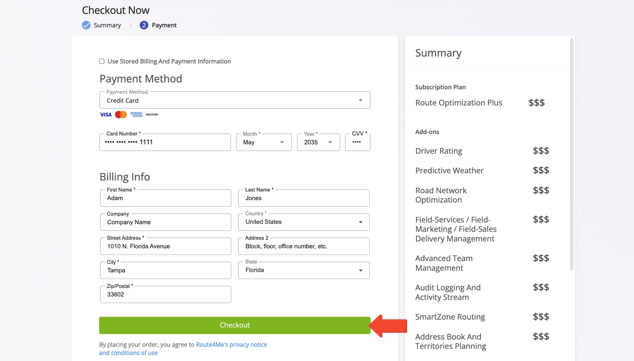 Select Route4Me subscription payment method and add billing details for Credit Card, Amazon Pay, or Automated Clearing House (ACH).