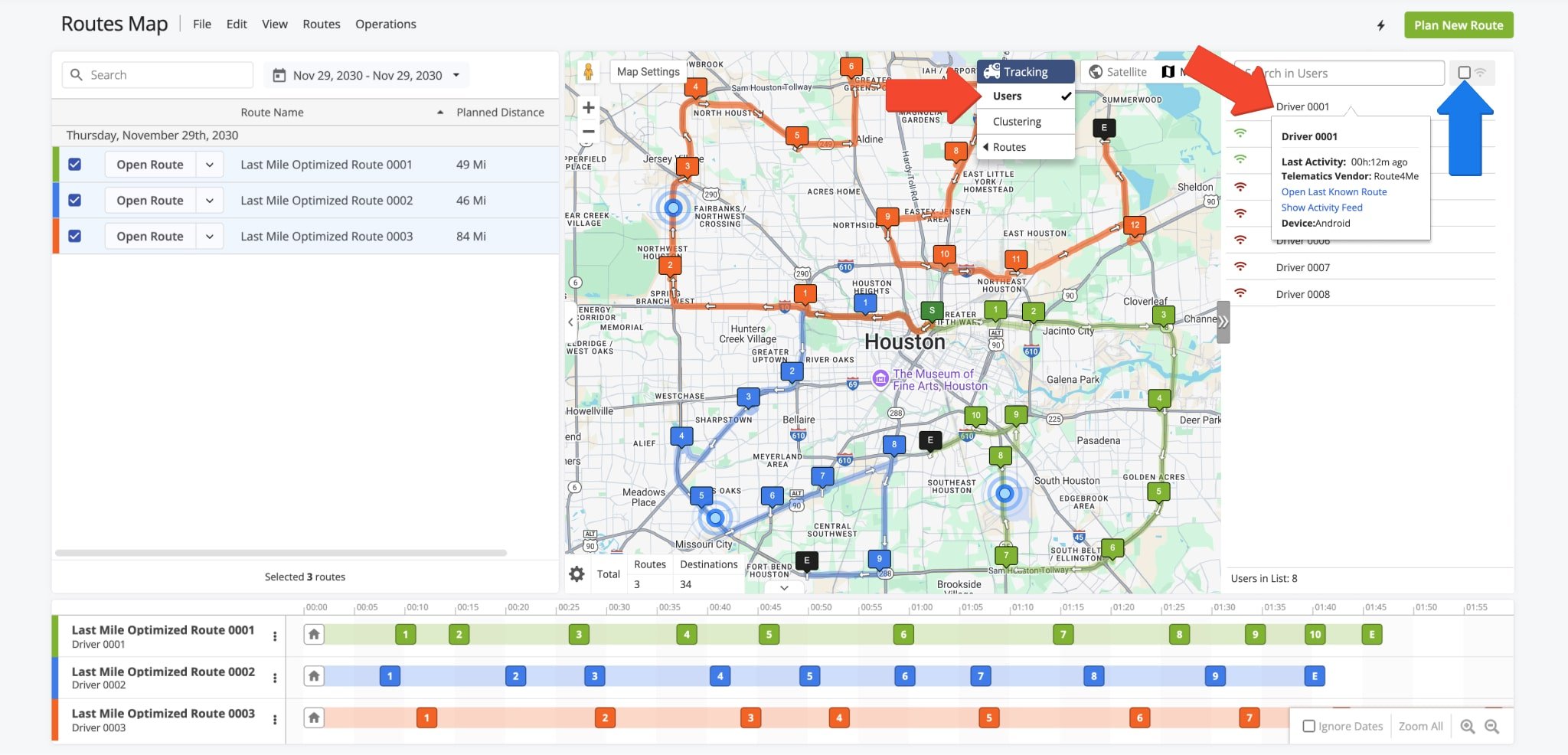 The Interactive Routes Map enables you to track users and drivers on different routes at the same time.