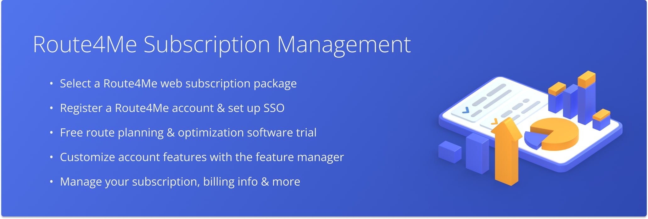 Route4Me marketplace subscription management with pricing, upgrade and downgrade options, enable and disable add-ons with Feature Manager, billing details, payment method, and more.