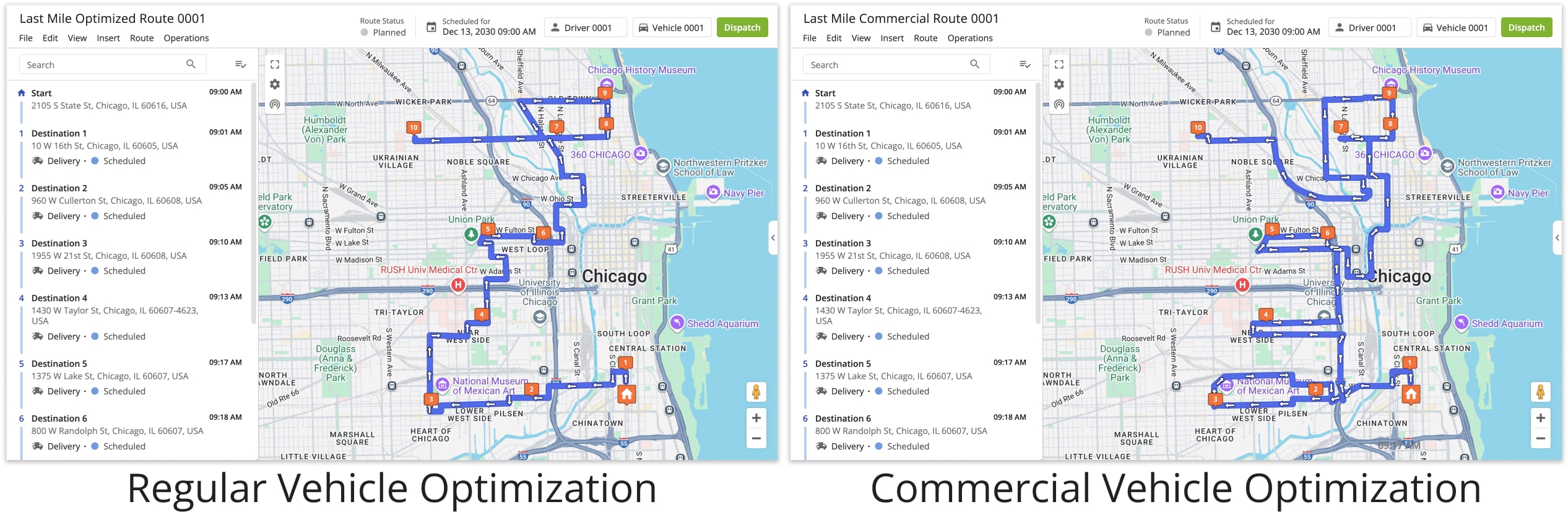 Since commercial routes must use only roads approved for commercial vehicles, their distances and travel times are typically significantly different from those of regular vehicle routes.