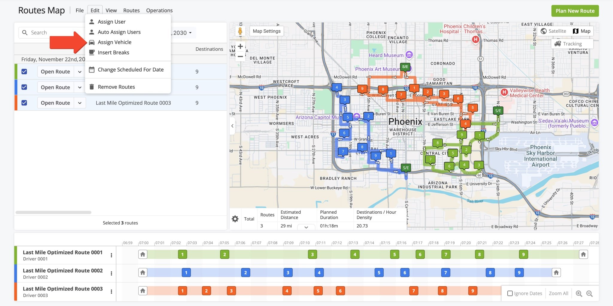 You can assign a vehicle to already planned route after you've added it to your account via Route4Me's Routes Map.