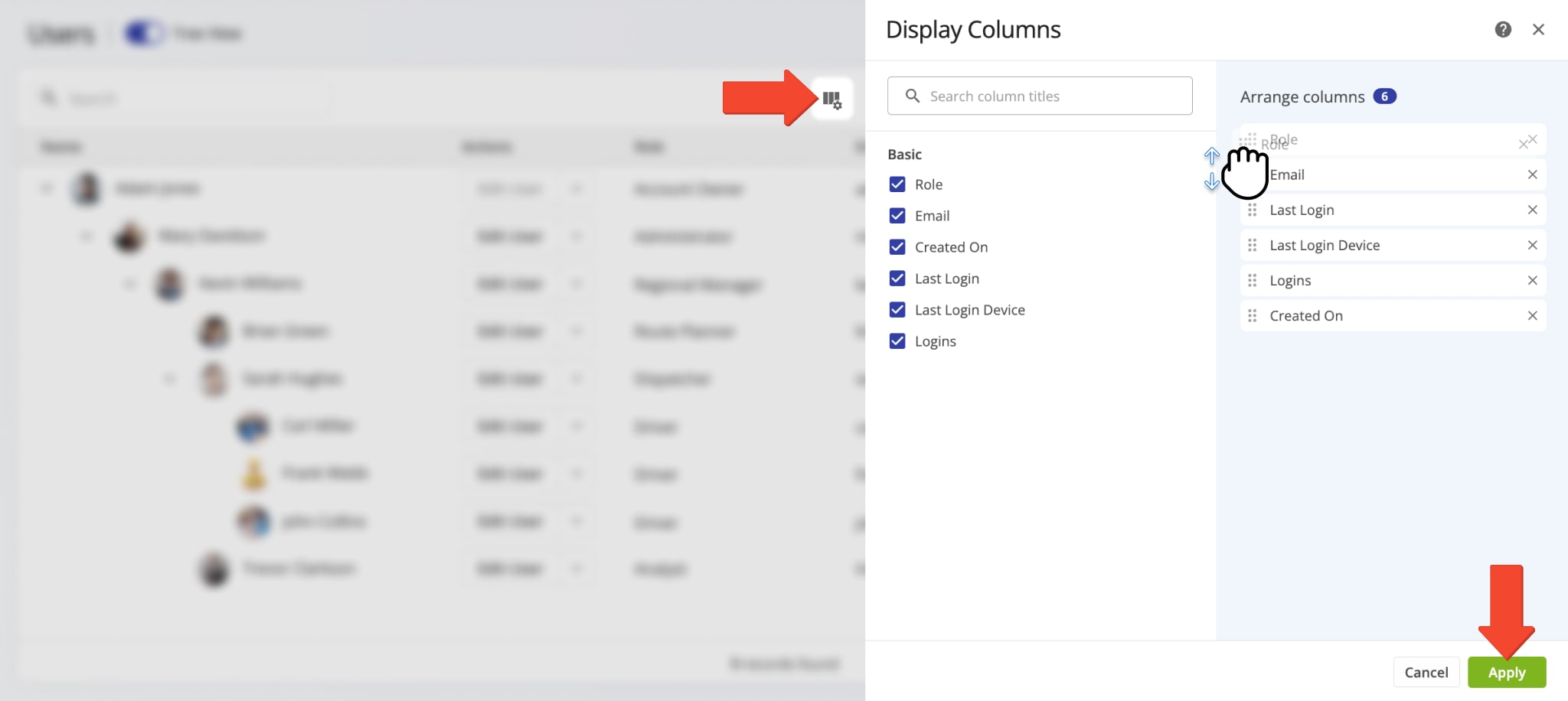 Customize users data columns on your Route4Me Users page.