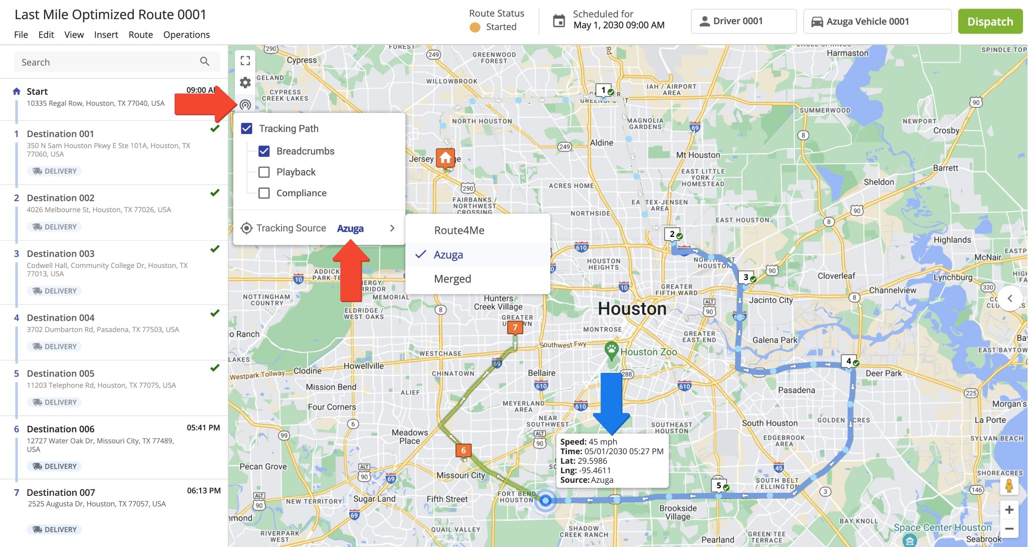 Azuga collects and shares GPS tracking data for a telematics vehicle assigned to a route, providing real-time fleet insights from start to completion.