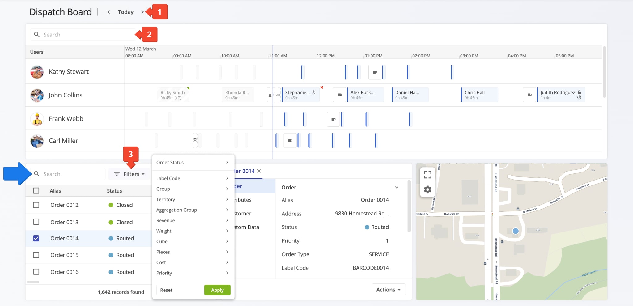 Use the following fields and buttons to filter the Dispatch Dashboard and easily find the data you need.