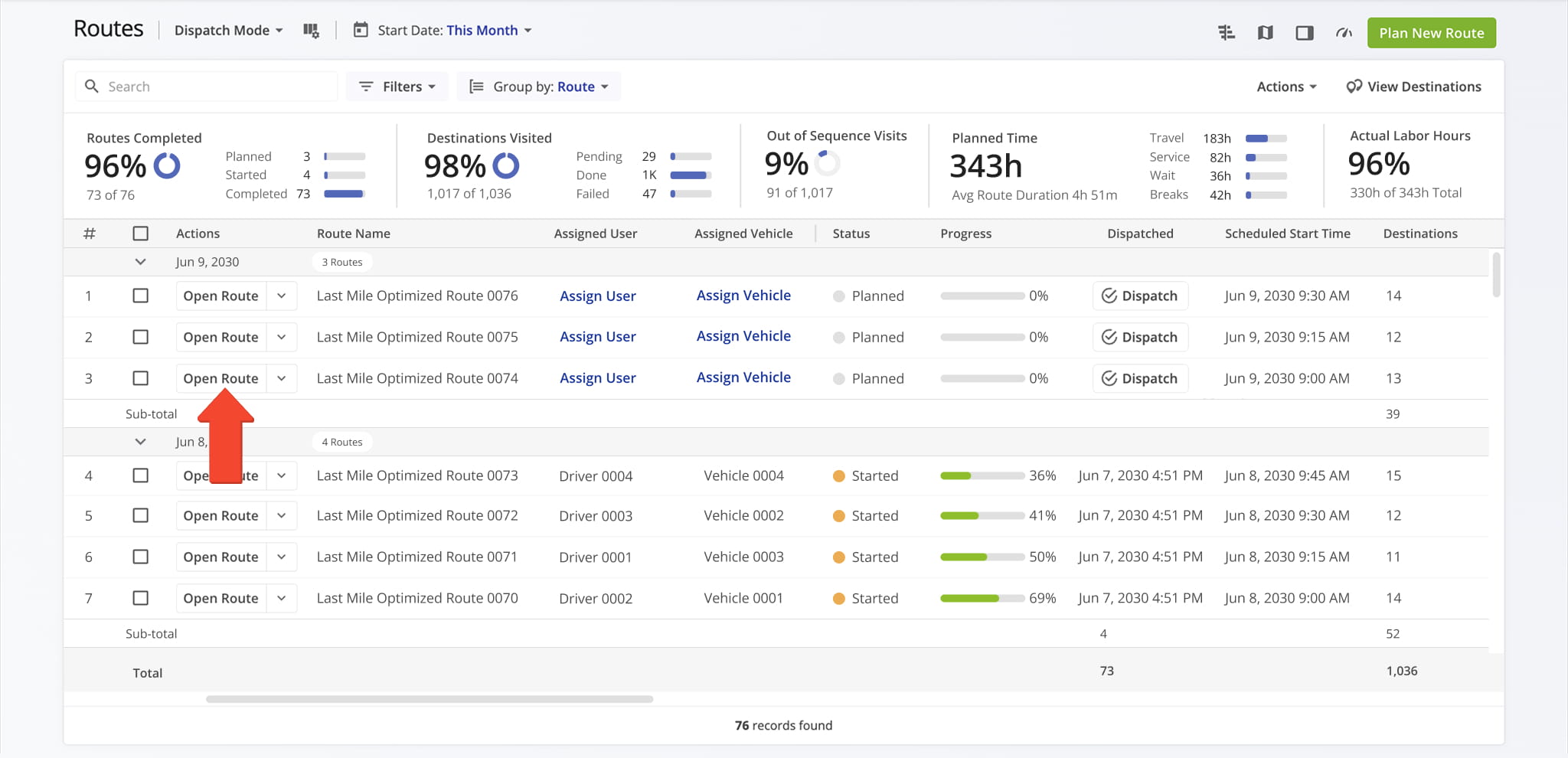 To dispatch routes from your Route4Me Route Editor, first open the preferred route from the Routes List.