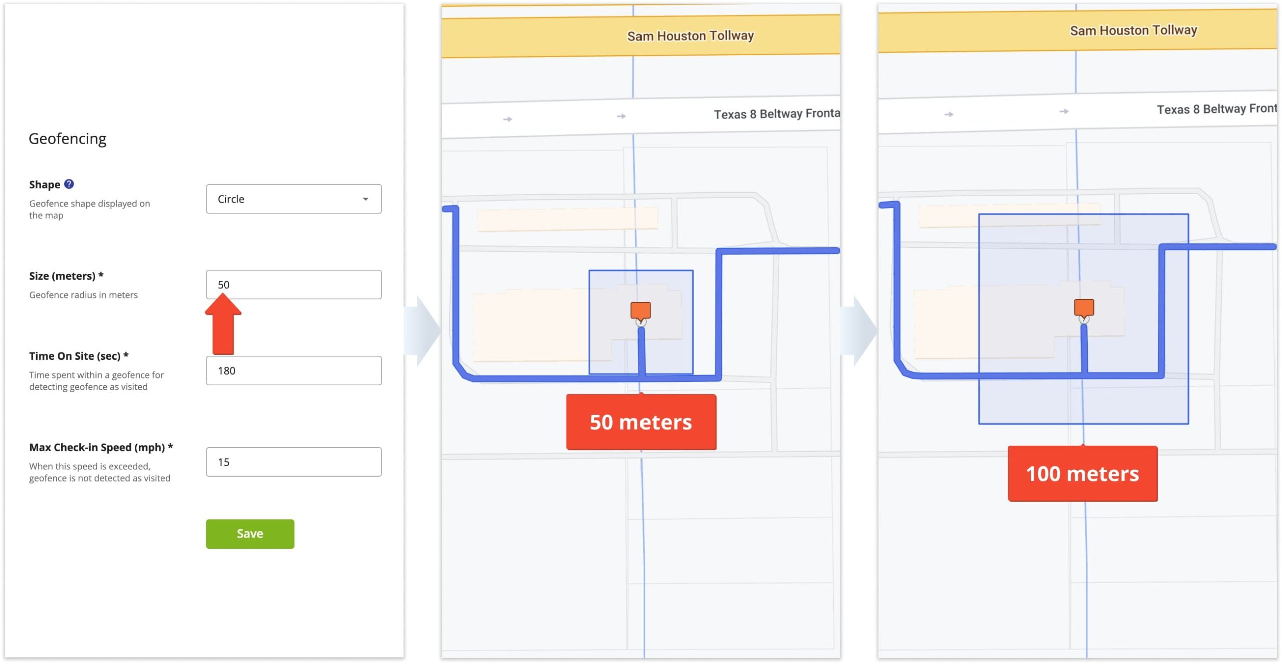 Depending on the specifics of your routing operations and customer destinations, you may need smaller or larger geofences.