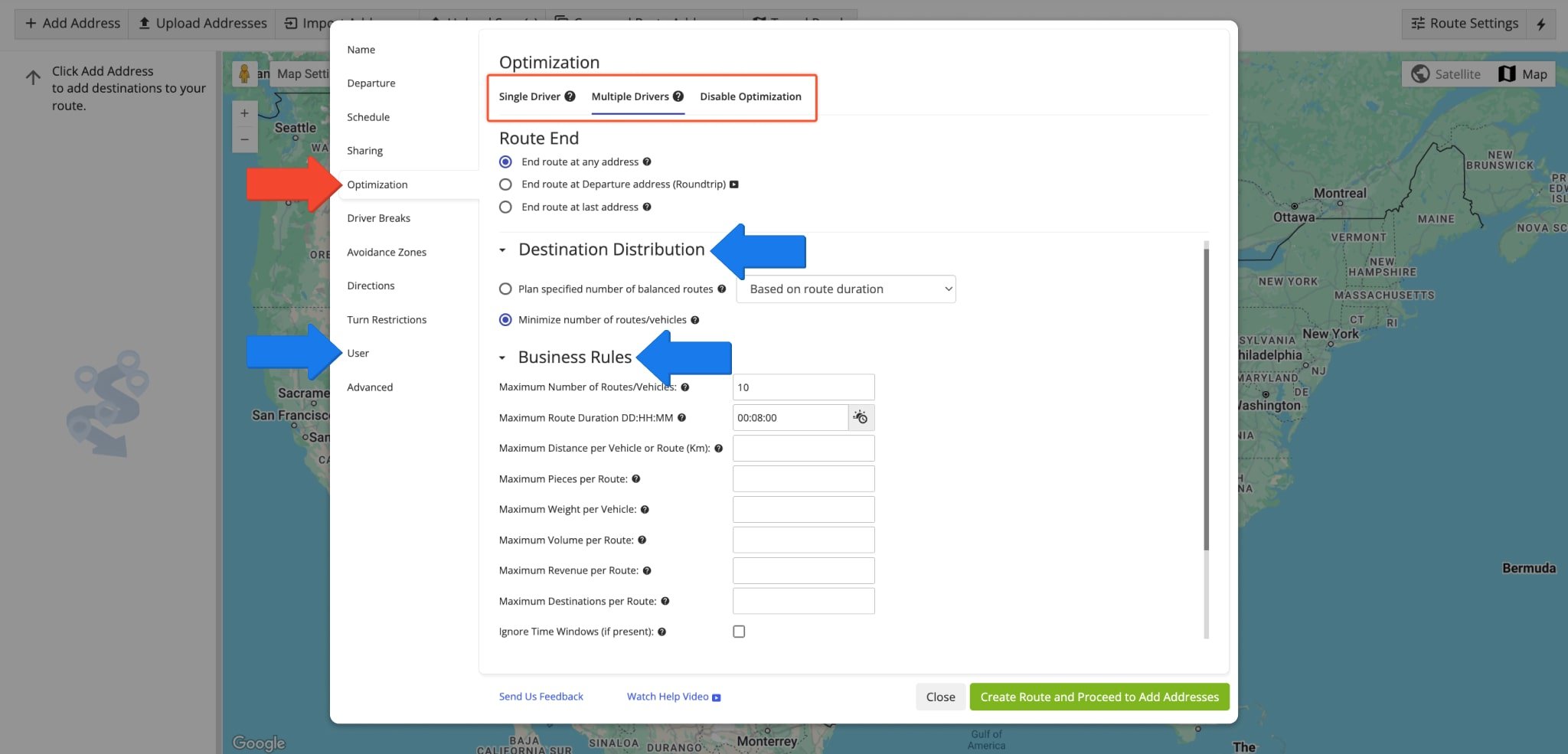 Manual route optimization settings for one or more drivers.