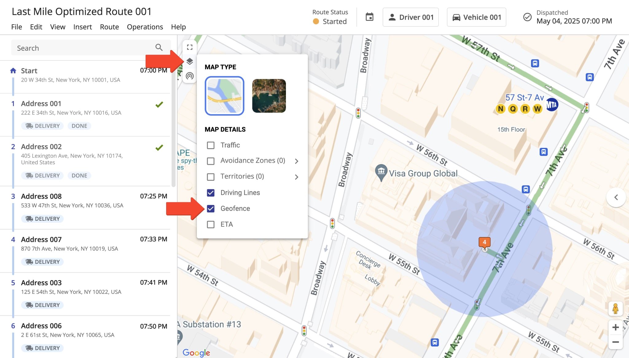 Once enabled, your geofences will appear around destinations on the map. The displayed geofence areas correspond in shape and size to your geofence settings.