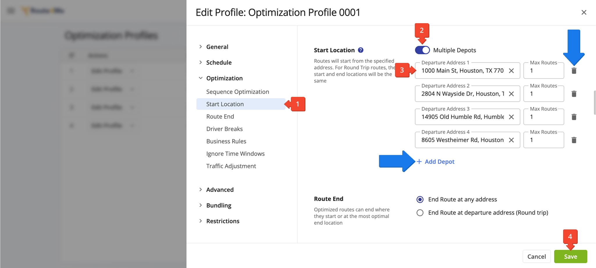 Add multiple depots to a reusable Route Optimization Profile with Route4Me.