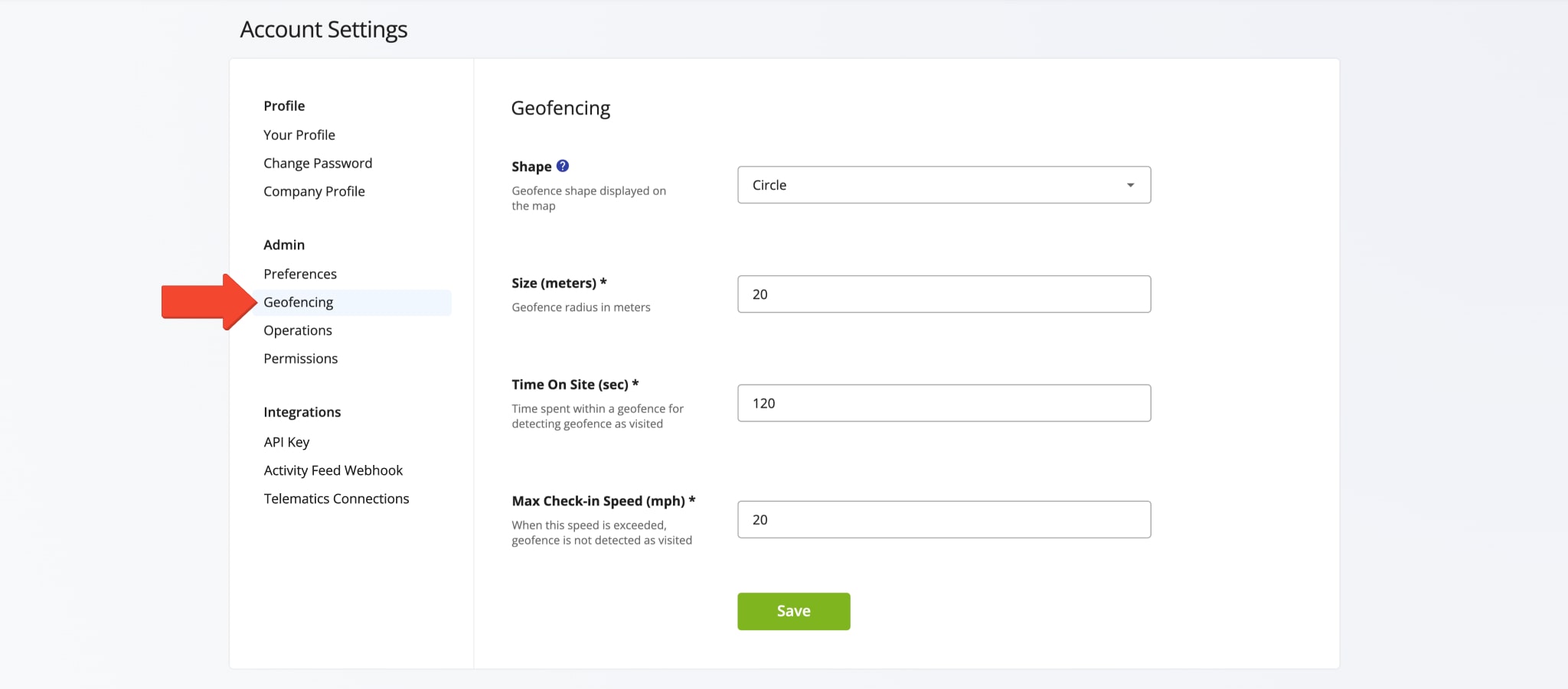 Route4Me customer geofence shape, size, time, and speed settings.