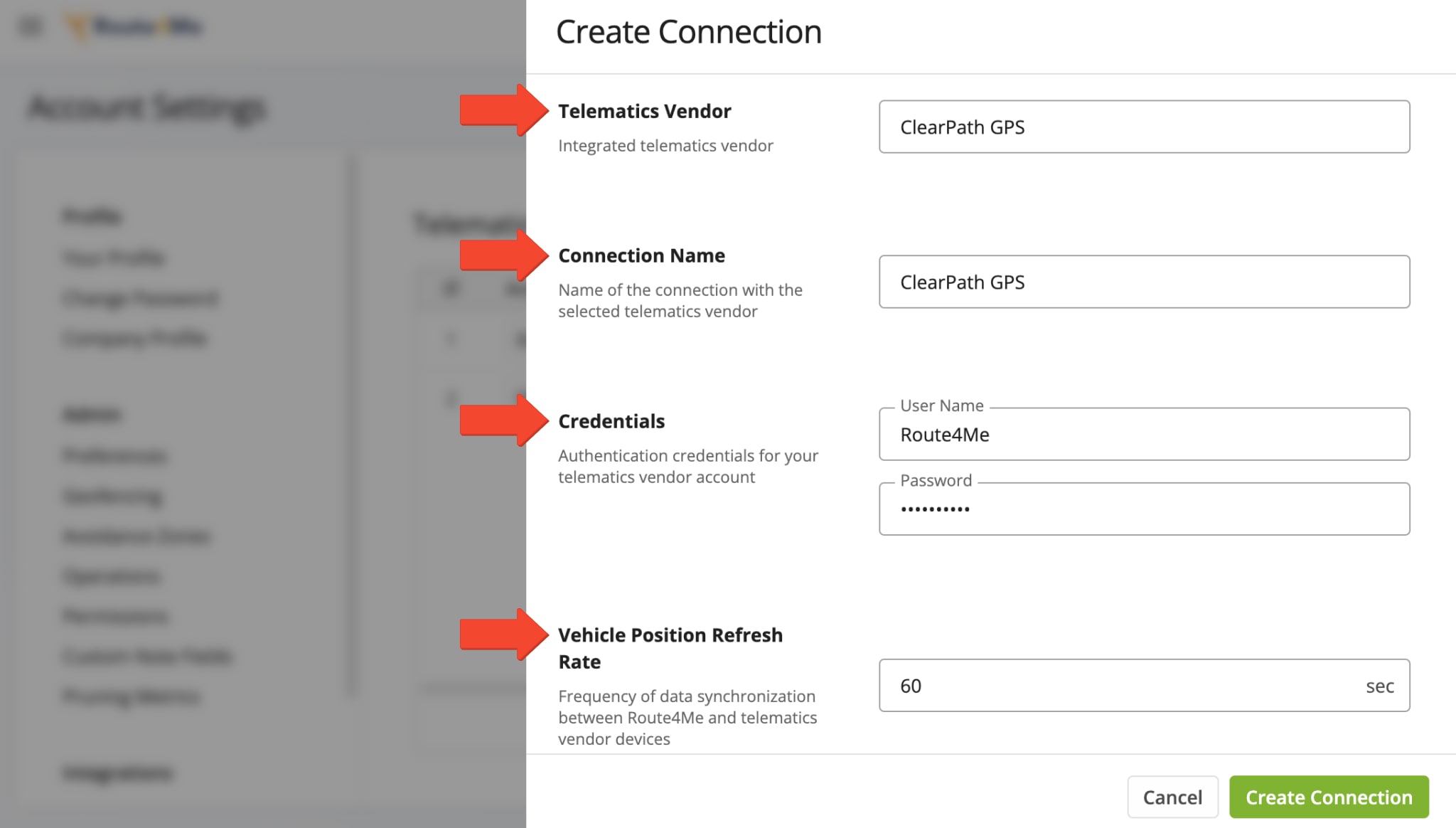 Add a connection by selecting ClearPathGPS from the Telematics Vendor dropdown, entering a connection name, and setting the Vehicle Position Refresh Rate in the pop-up window.