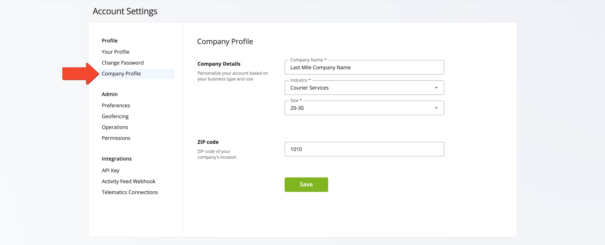 Route4Me company profile settings.