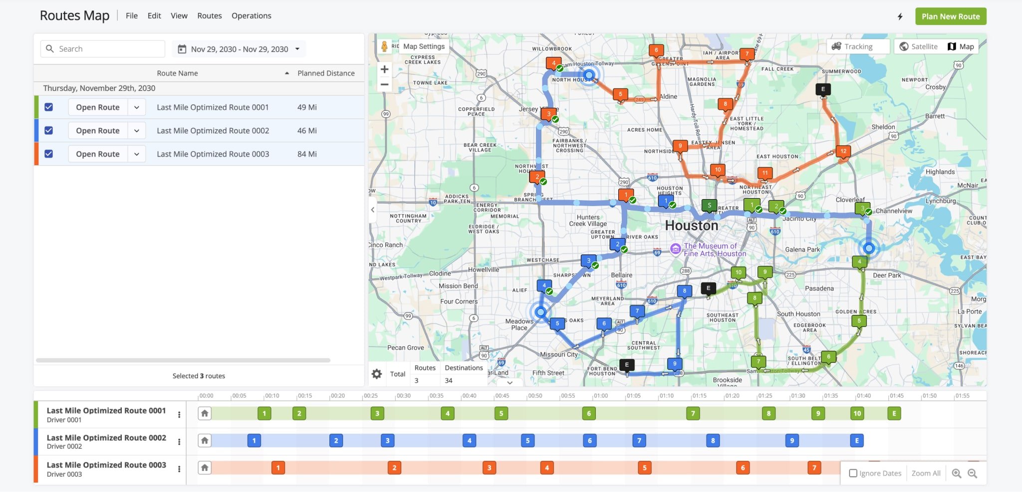 Once a driver starts a route on the Mobile Route Planner App, their progress will be tracked on the Routes Map, shown as a blue trail with GPS breadcrumbs.