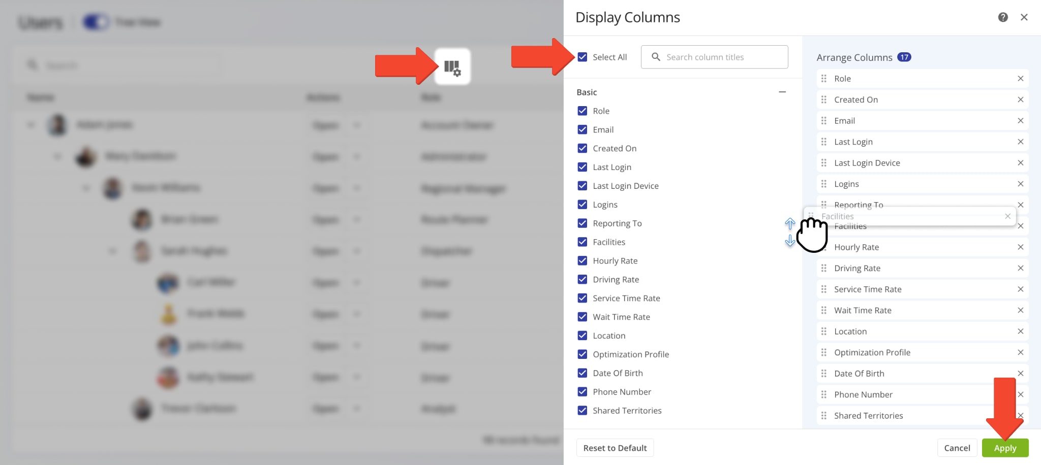 Customize users data columns on your Route4Me Users page.